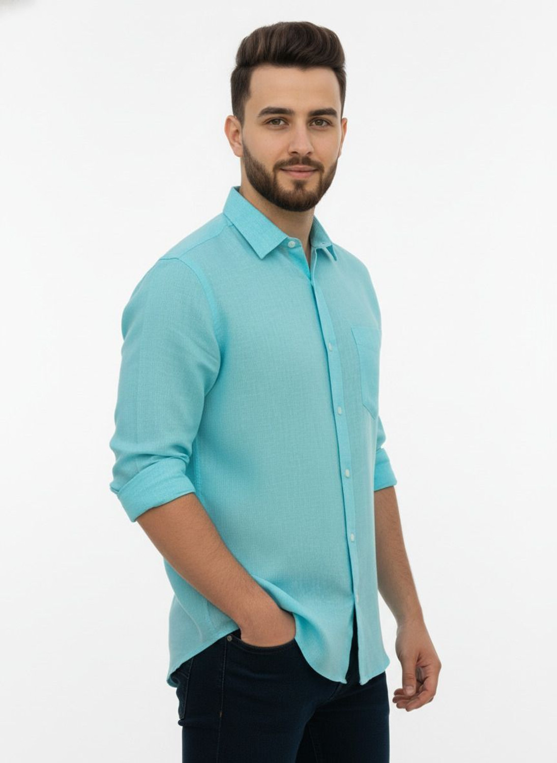 Image of PSI Men Solid Casual Light Blue Shirt