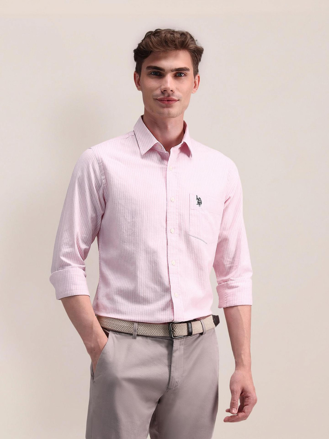 Image of U.S. POLO ASSN. Men Striped Casual Pink Shirt