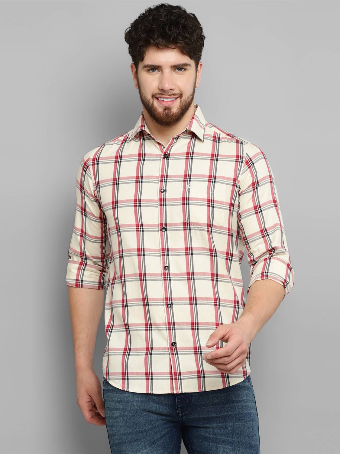 Allen Cooper Men Checkered Casual Beige Shirt