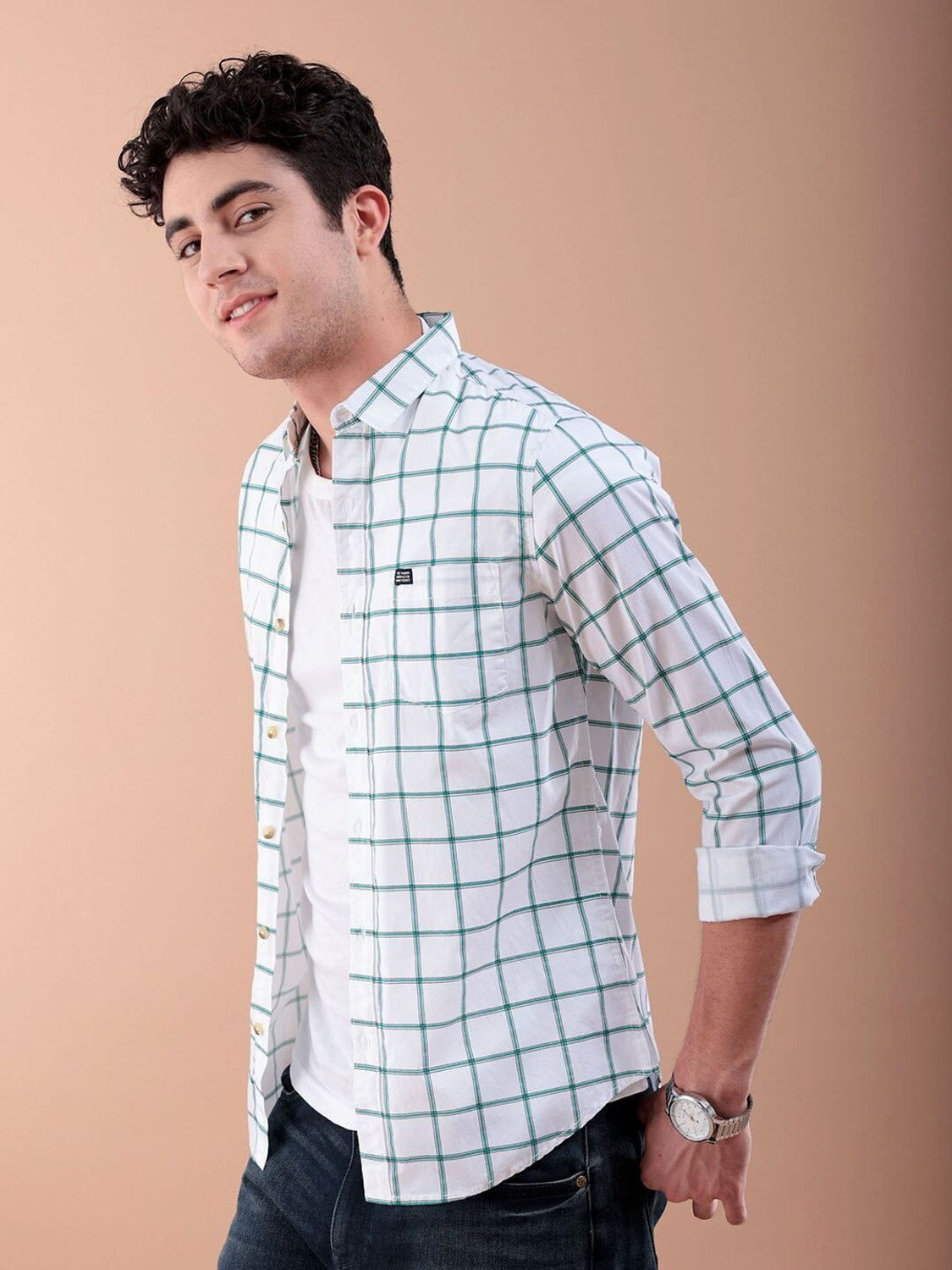 Image of The Indian Garage Co. Men Checkered Casual White Shirt