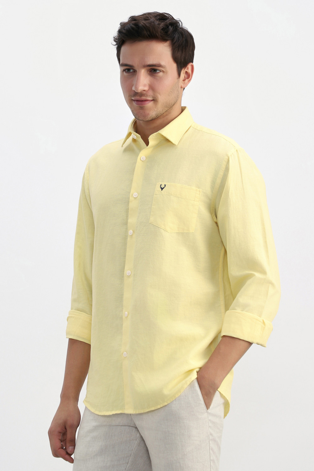 Image of Allen Solly Men Solid Casual Yellow Shirt