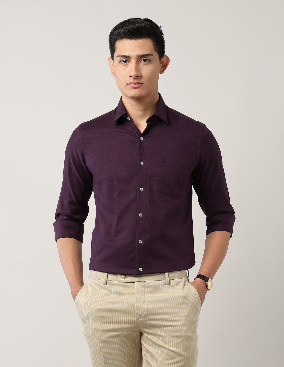 Image of ARROW Men Self Design Formal Purple Shirt