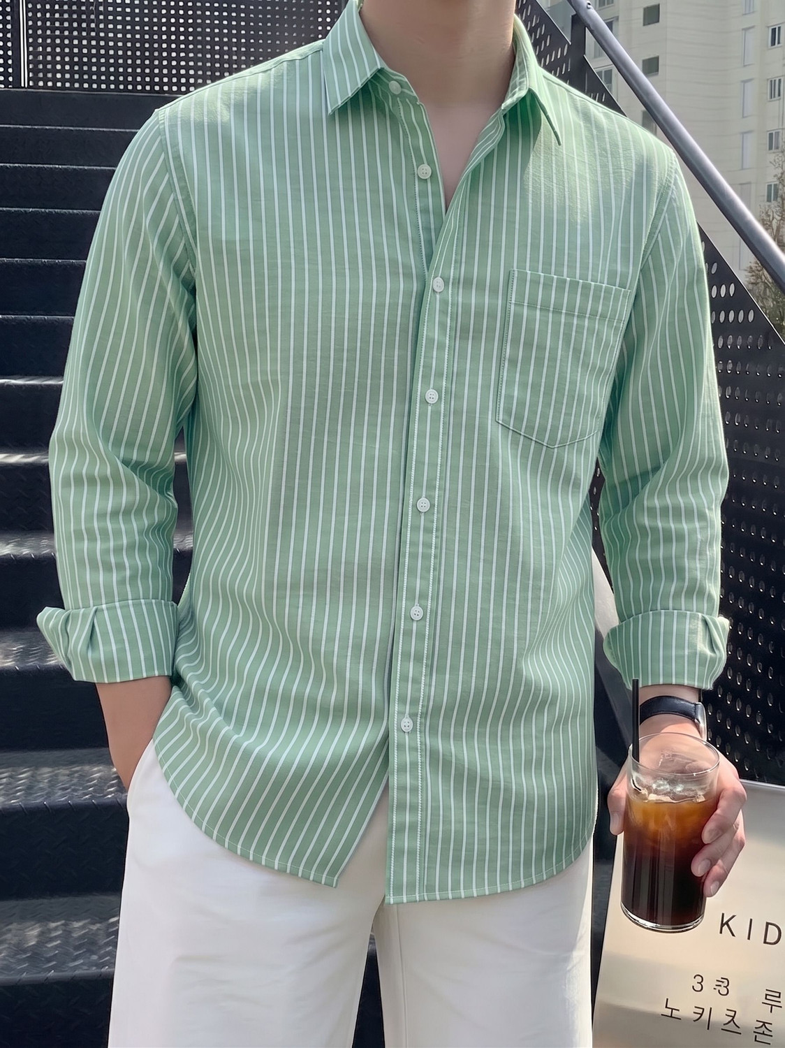 Image of indossare Men Striped Casual Light Green Shirt