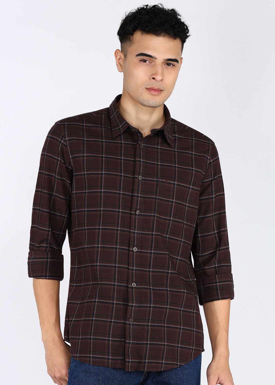 Image of INDIAN TERRAIN Men Checkered Casual Brown Shirt
