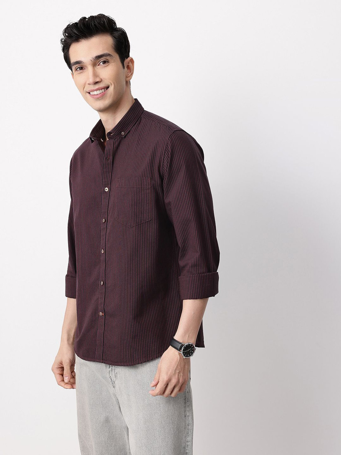 Image of Mast & Harbour Men Striped Casual Maroon Shirt