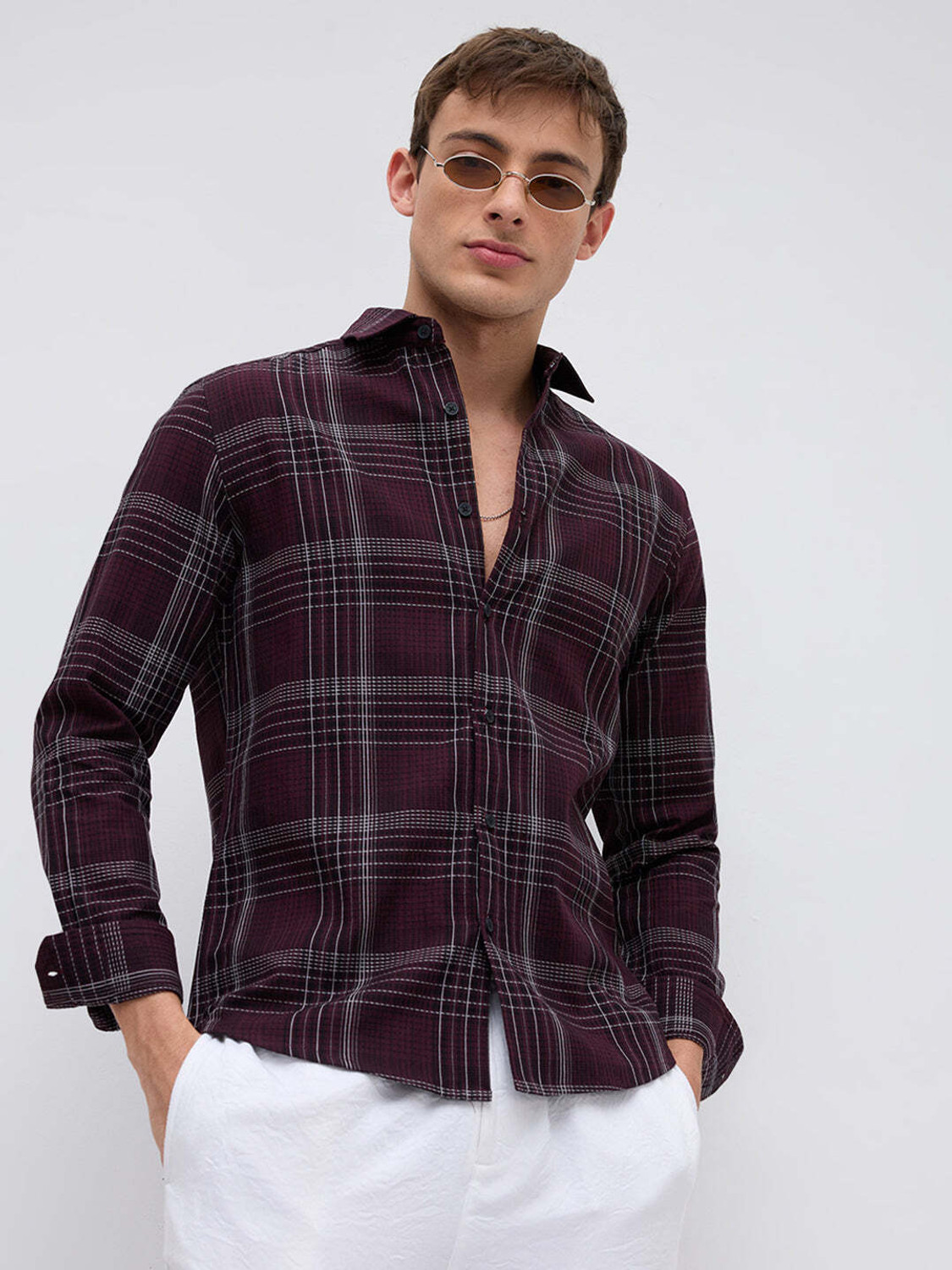 Image of VASTRADO Men Checkered Casual Maroon Shirt