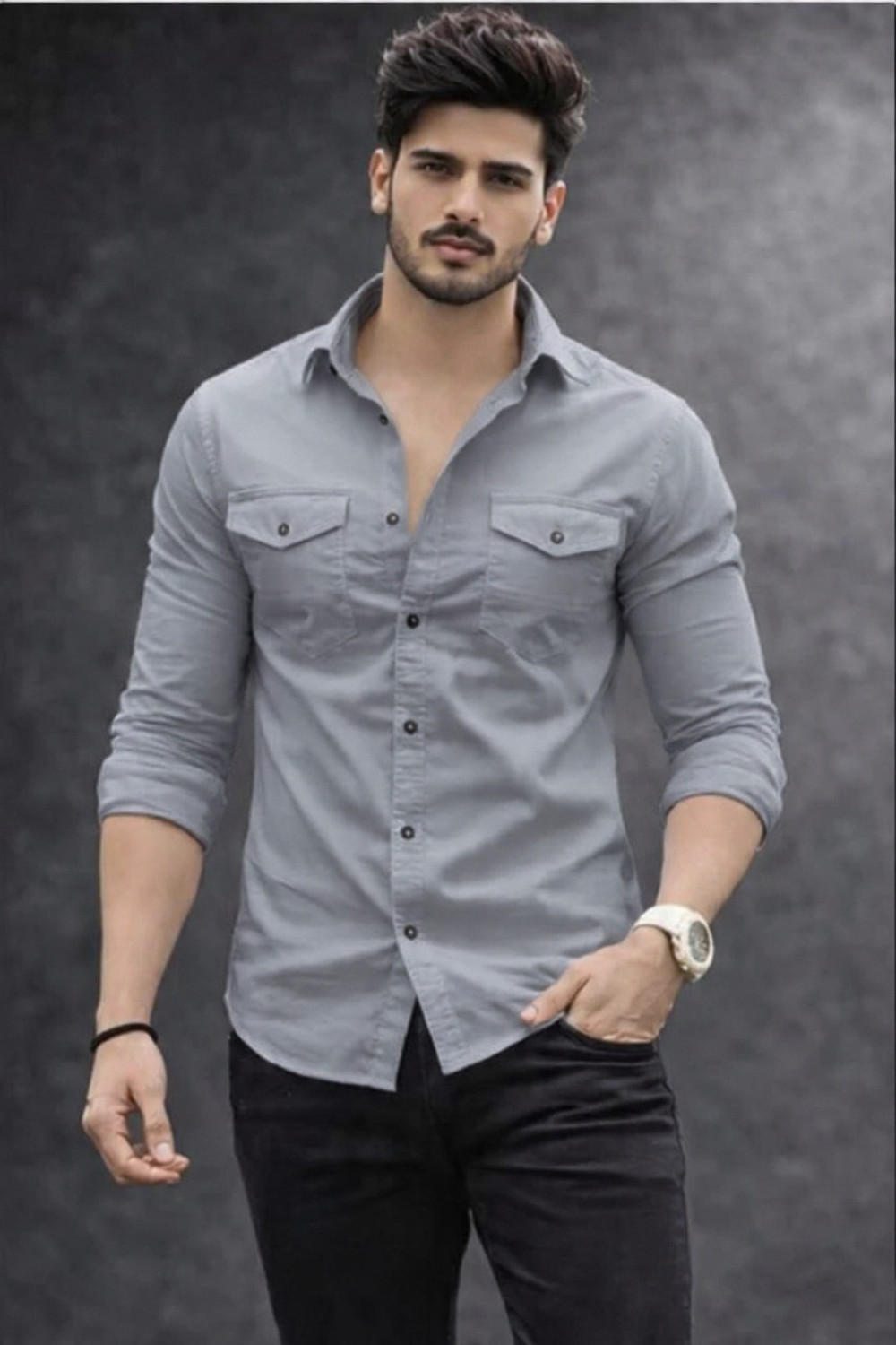 Image of PROMO FASH Men Solid Casual Grey Shirt
