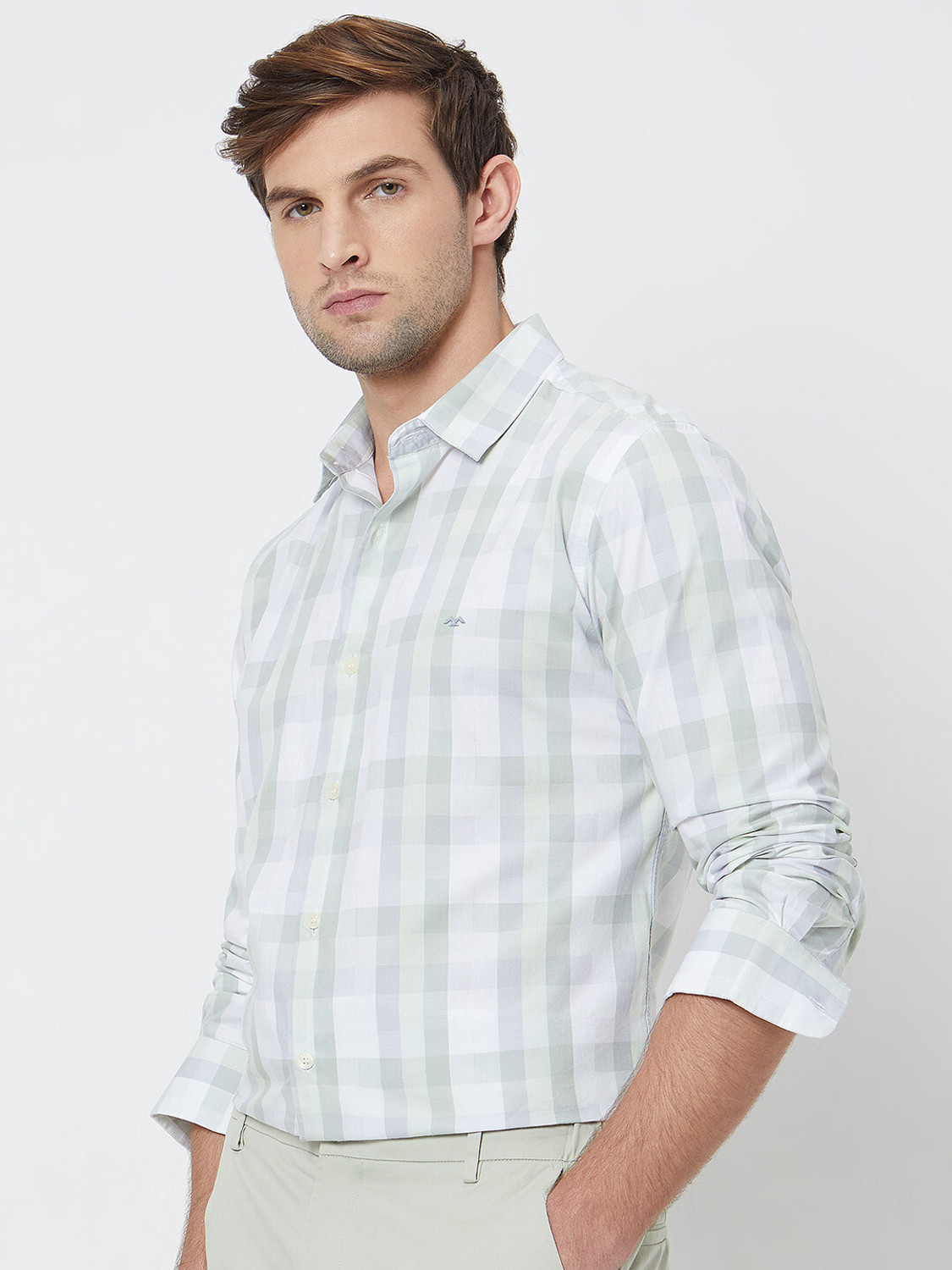 Image of MUFTI Men Checkered Casual Grey, Light Green, White Shirt