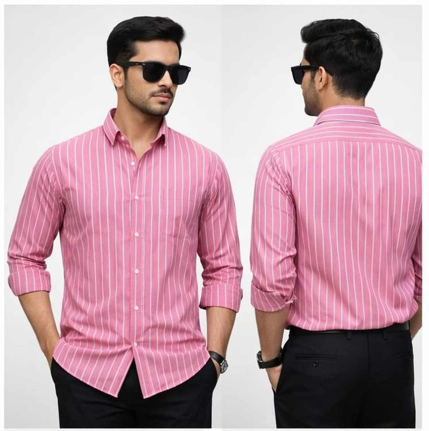 Image of Jenixstore Men Striped Casual Pink Shirt