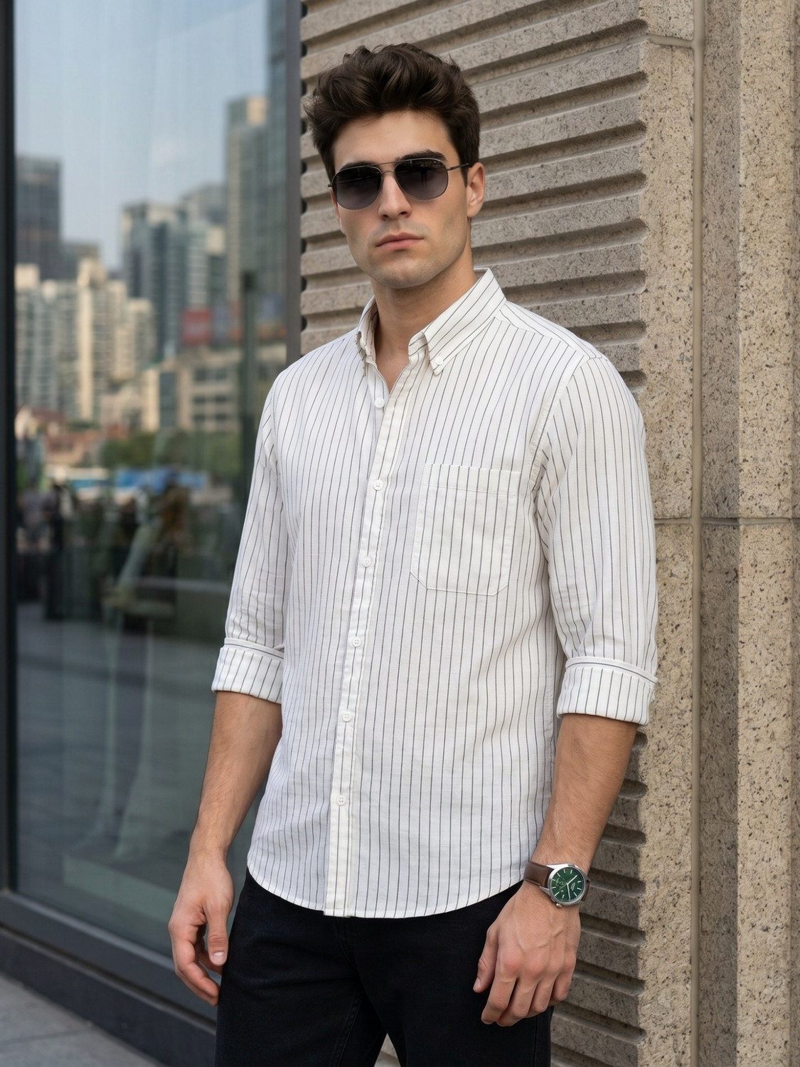 Image of KUONS AVENUE Men Striped Casual White, Grey Shirt