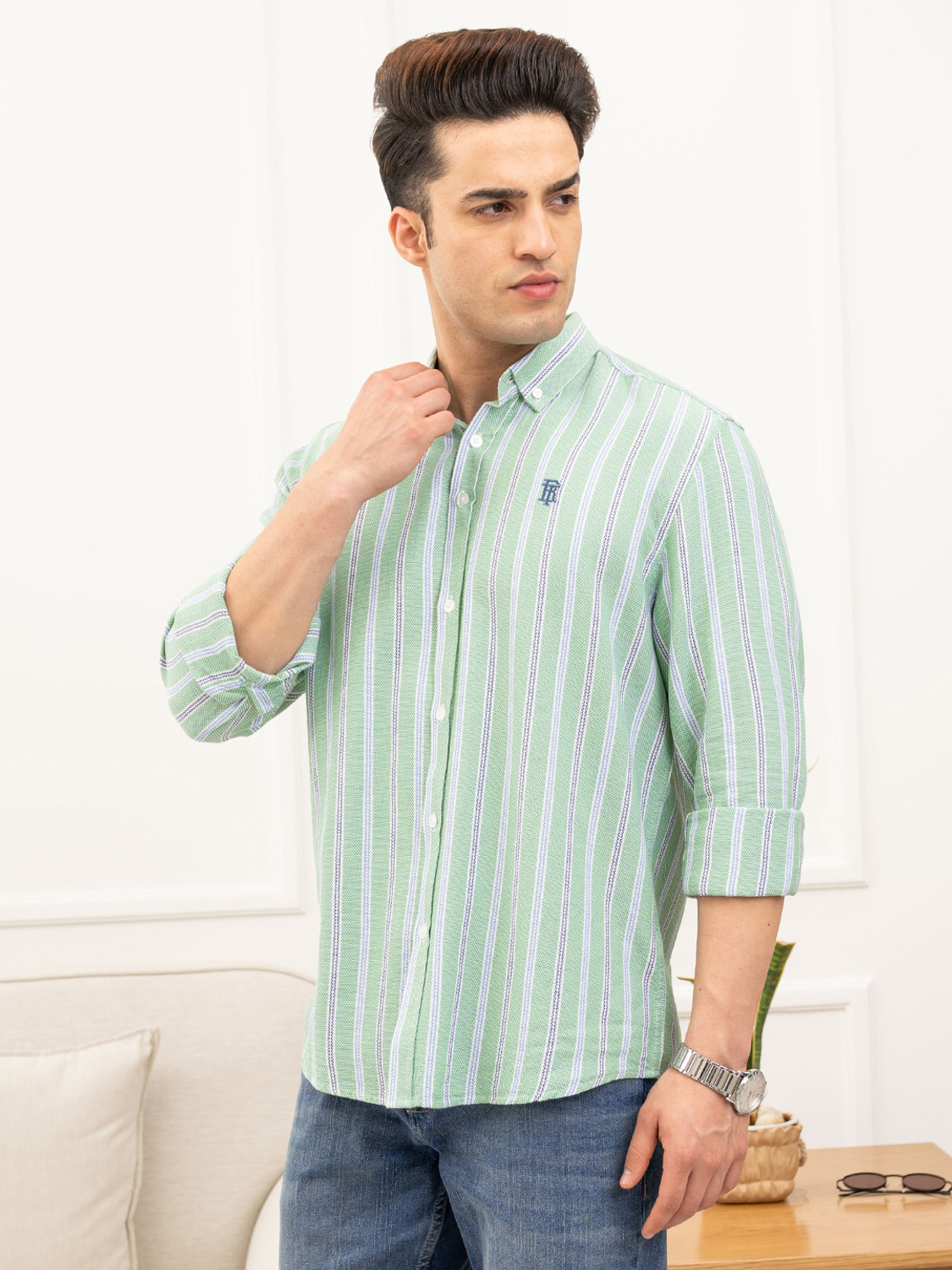Image of RED TAPE Men Striped Casual Green Shirt