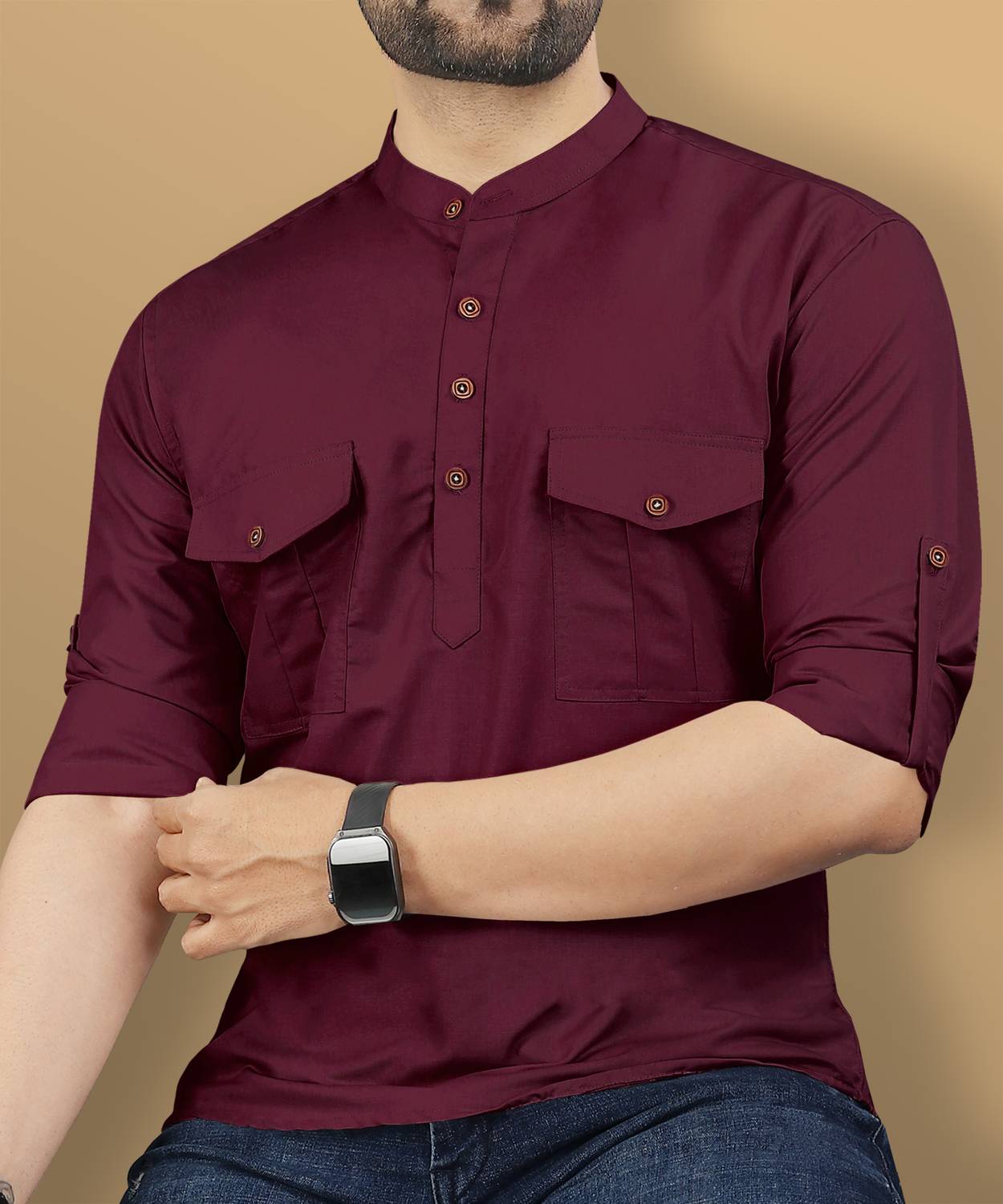VeBNoR Men Regular Fit Solid Mandarin Collar Casual Shirt