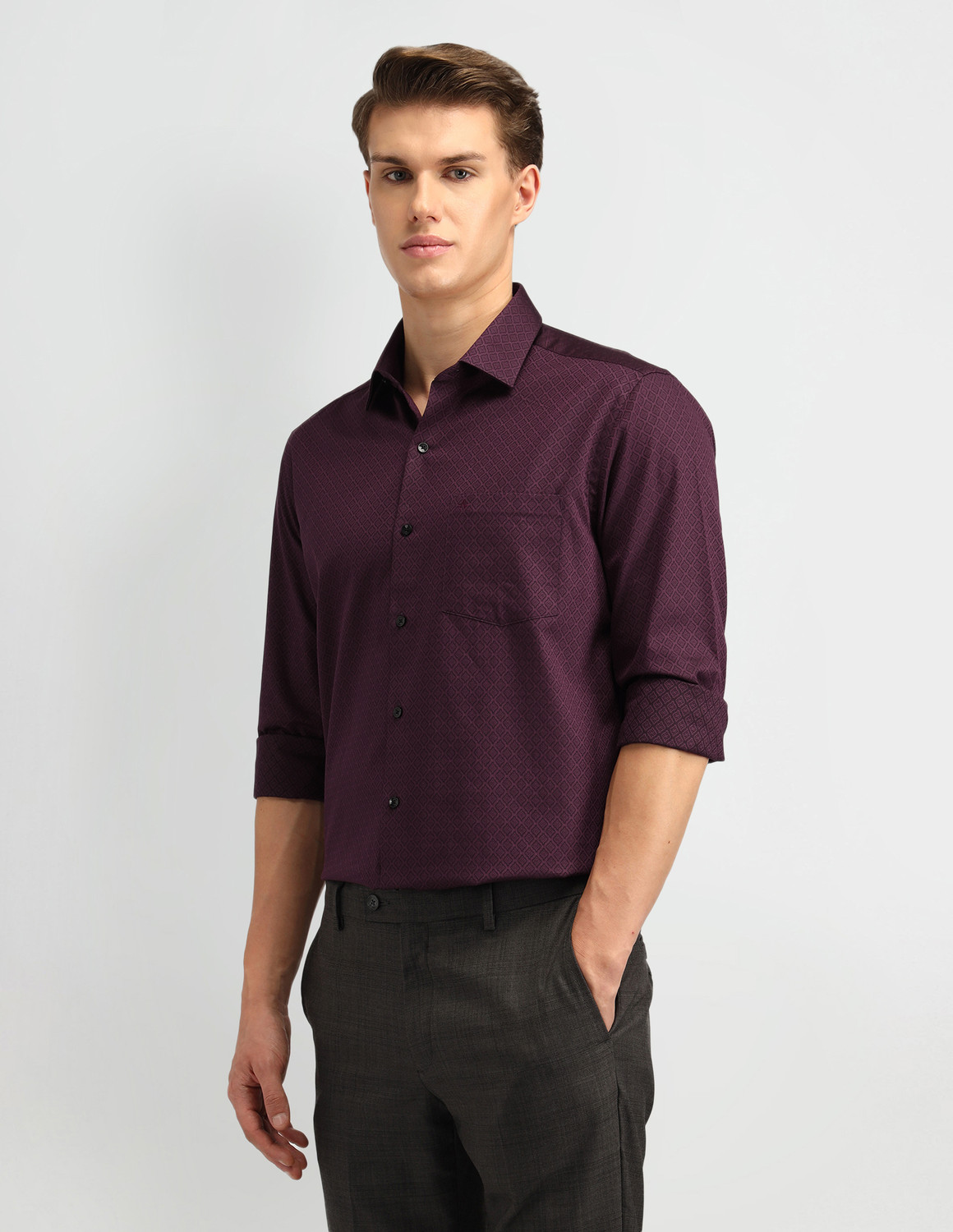Image of ARROW Men Self Design Formal Maroon Shirt