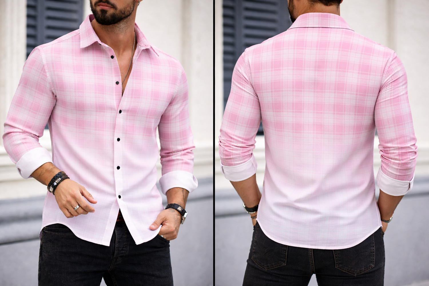 Image of Kizyoo Men Checkered, Dyed /Ombre Casual Purple, White Shirt