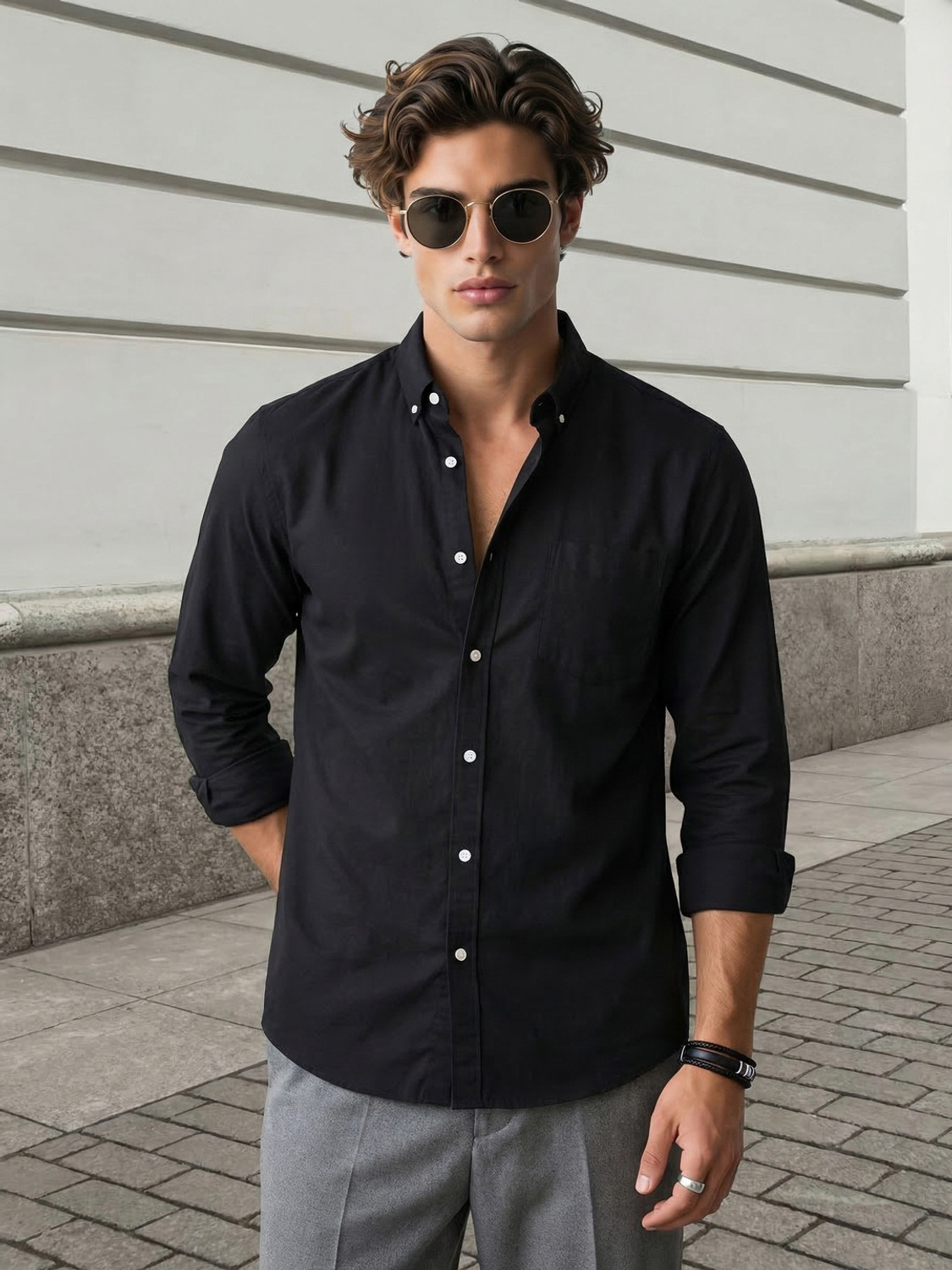 Image of Urbano Fashion Men Solid Casual Black Shirt