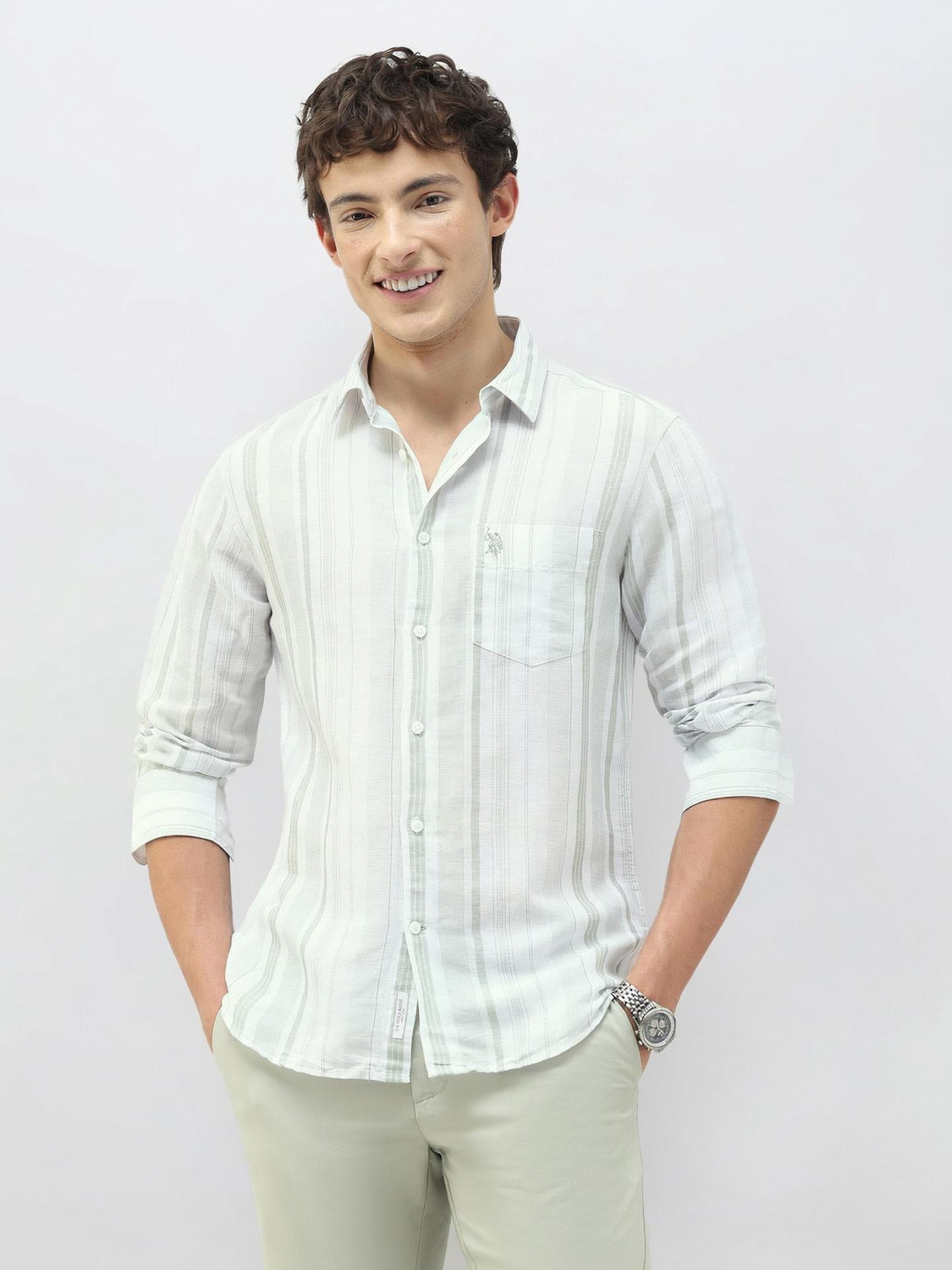 Image of U.S. POLO ASSN. Men Striped Casual Green Shirt