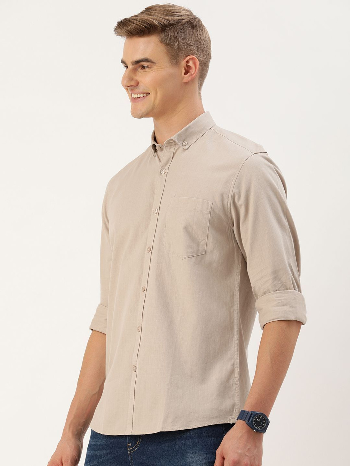 Image of Mast & Harbour Men Solid Casual Cream Shirt