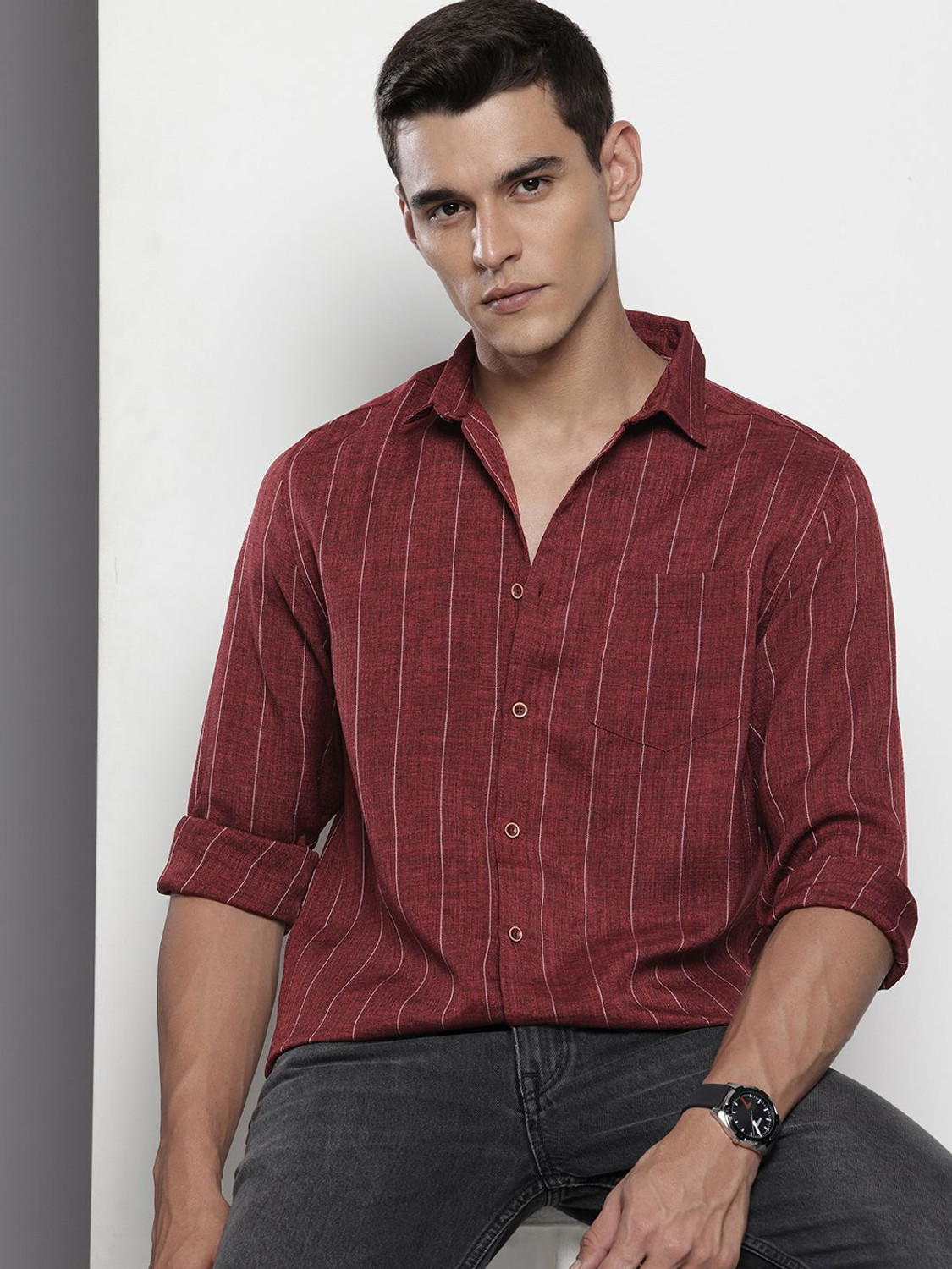 Image of The Indian Garage Co. Men Striped Casual Maroon Shirt