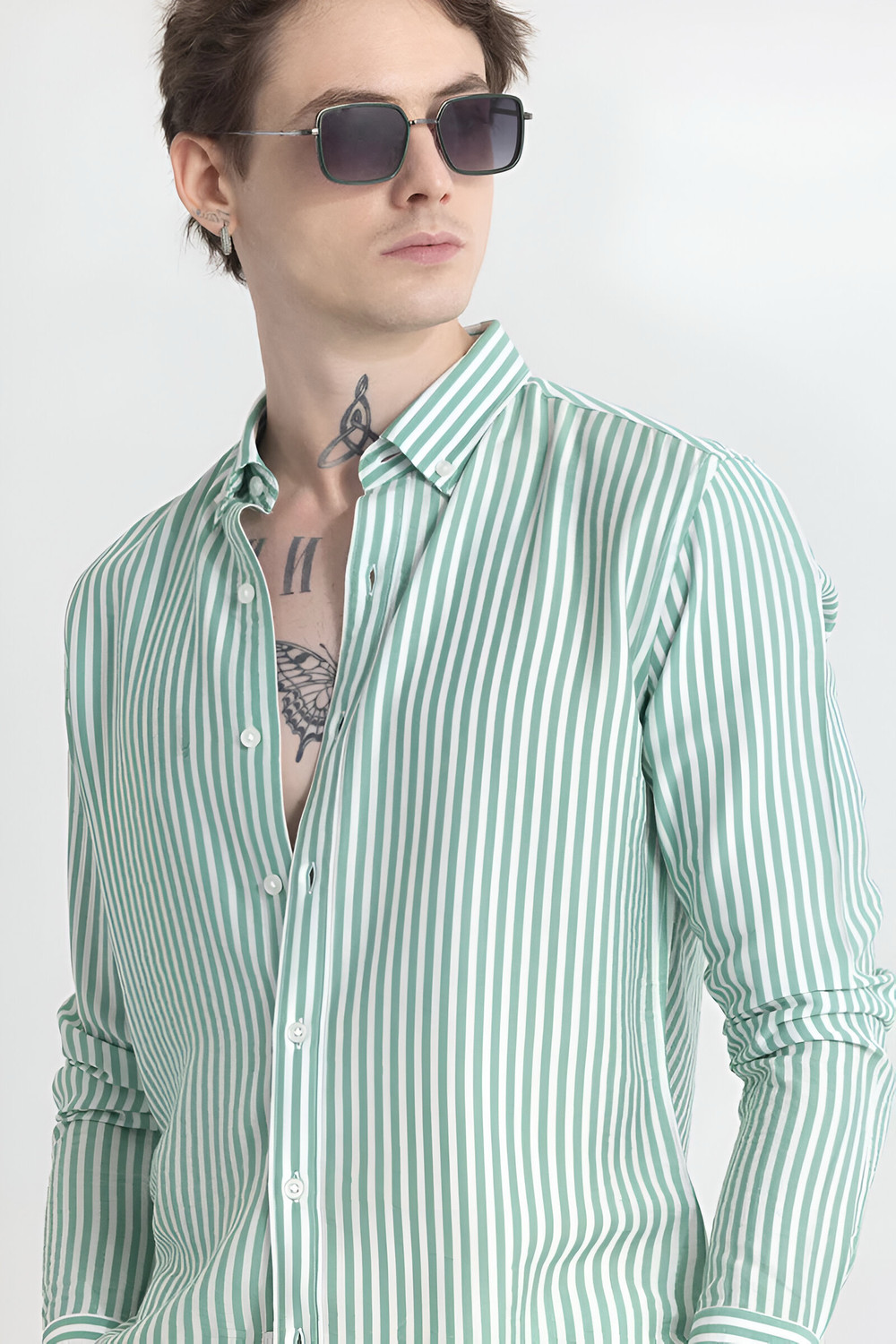 Image of METRONAUT Men Striped Casual Green Shirt