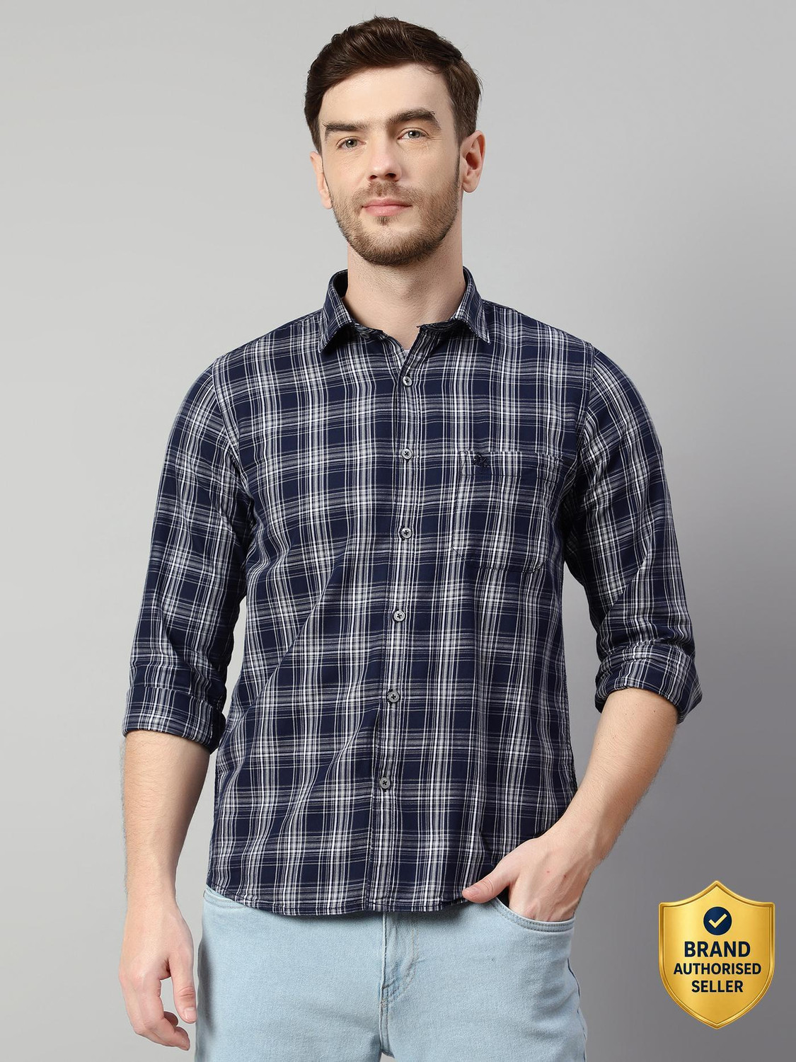 Image of CANTABIL Men Checkered Casual Blue Shirt