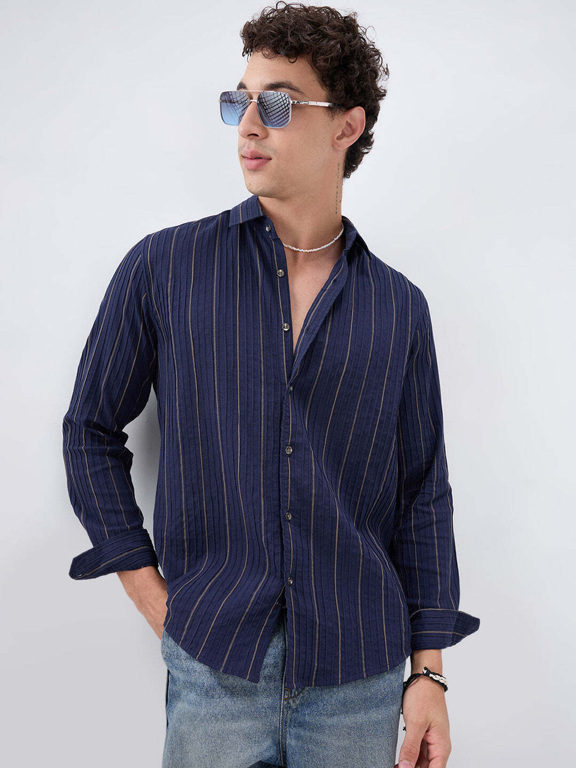 Image of VASTRADO Men Striped Casual Dark Blue Shirt