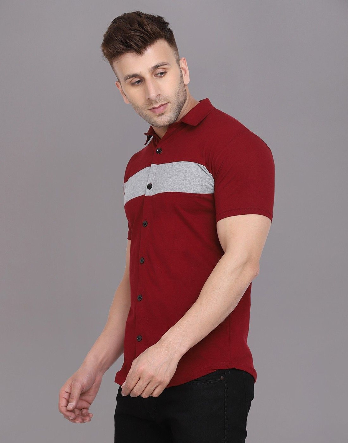 Image of GEUM Men Solid Casual Maroon Shirt