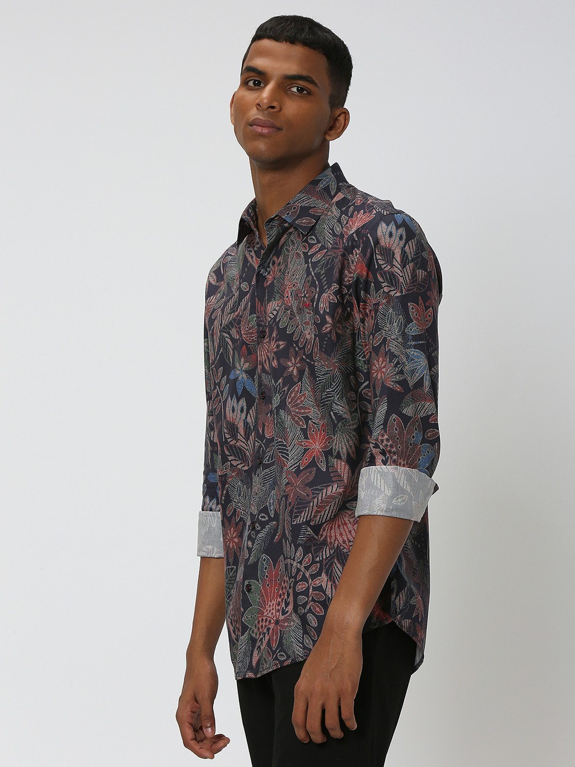 Image of MUFTI Men Floral Print Casual Dark Blue Shirt