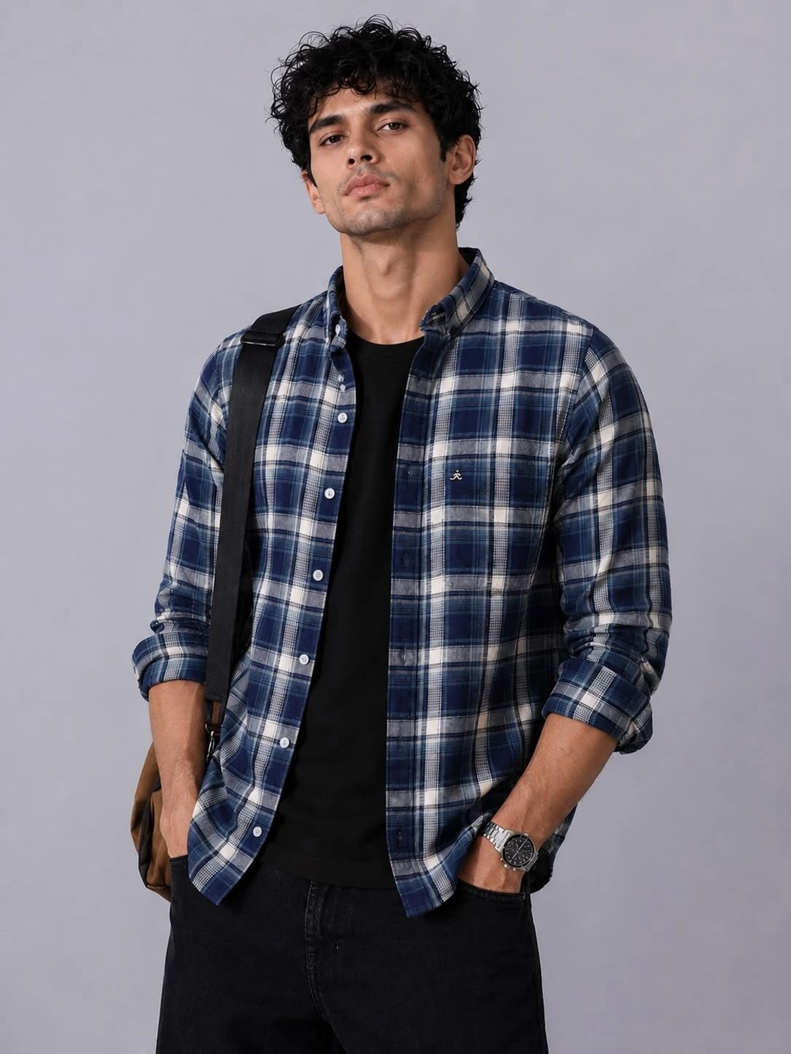 Image of Xkind Men Checkered Casual Dark Blue Shirt