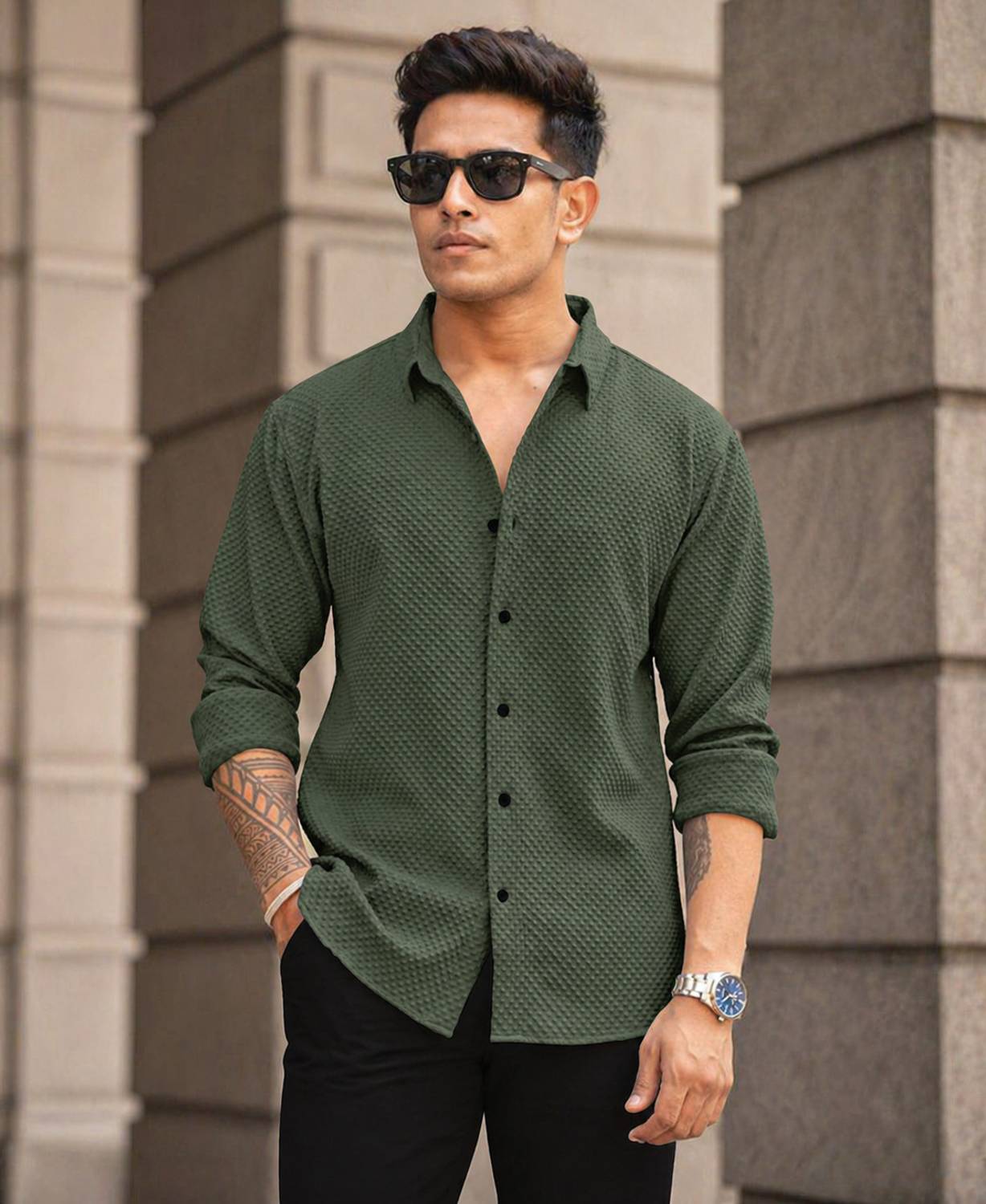 AANKLAR Men Self Design Casual Green Shirt
