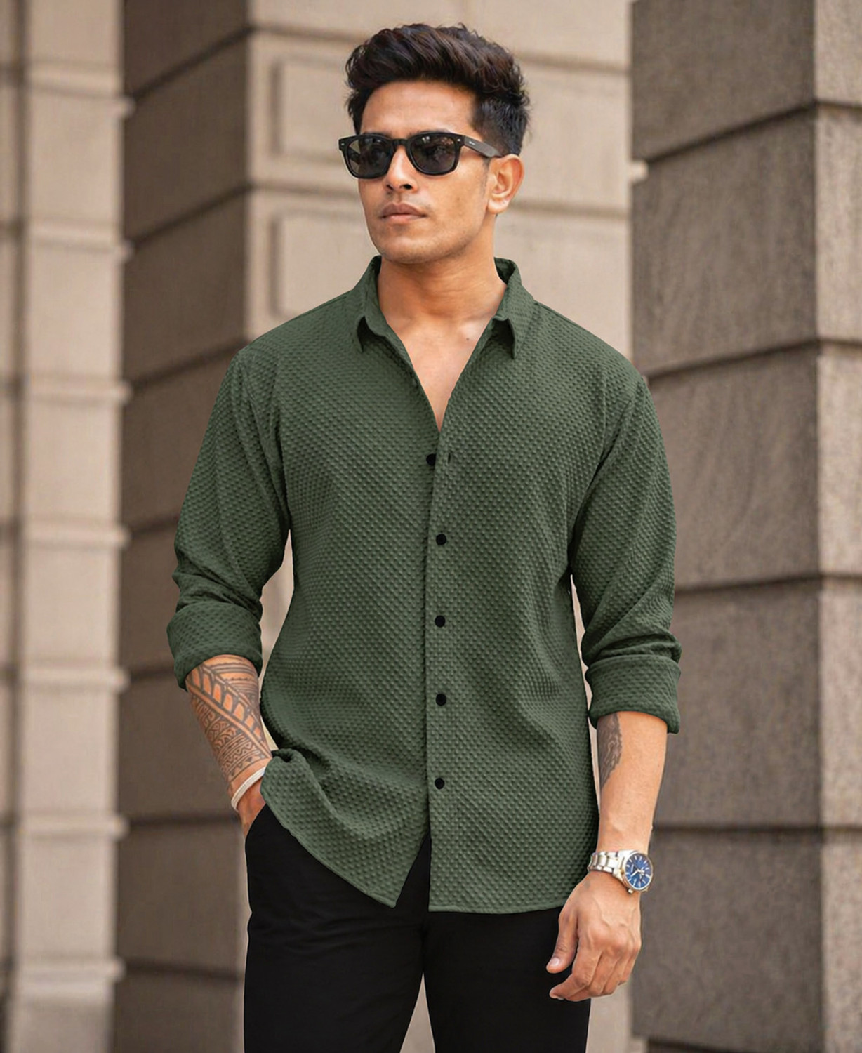 Image of AANKLAR Men Self Design Casual Green Shirt