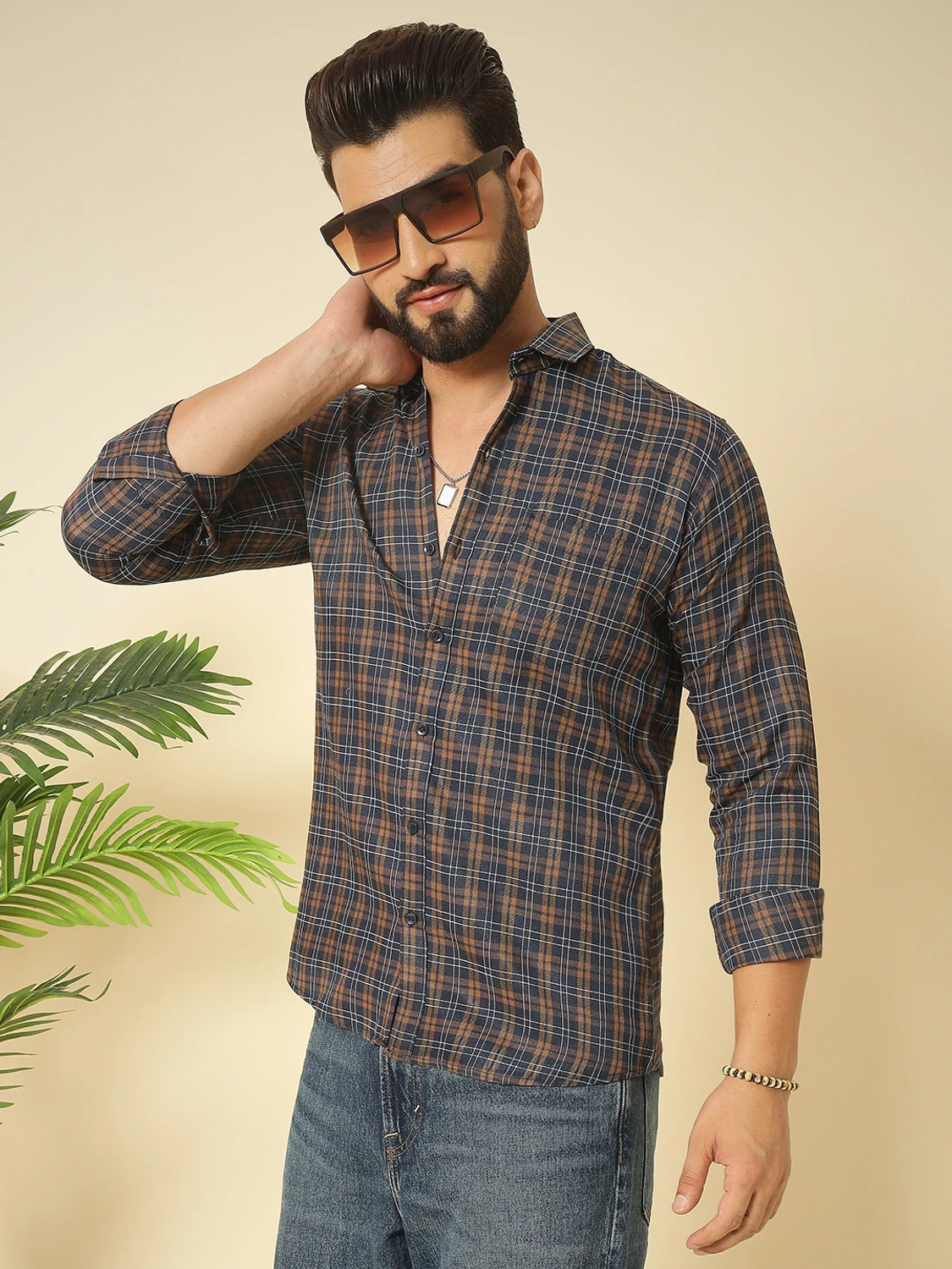 Image of youth first Men Checkered Casual Brown, Blue Shirt