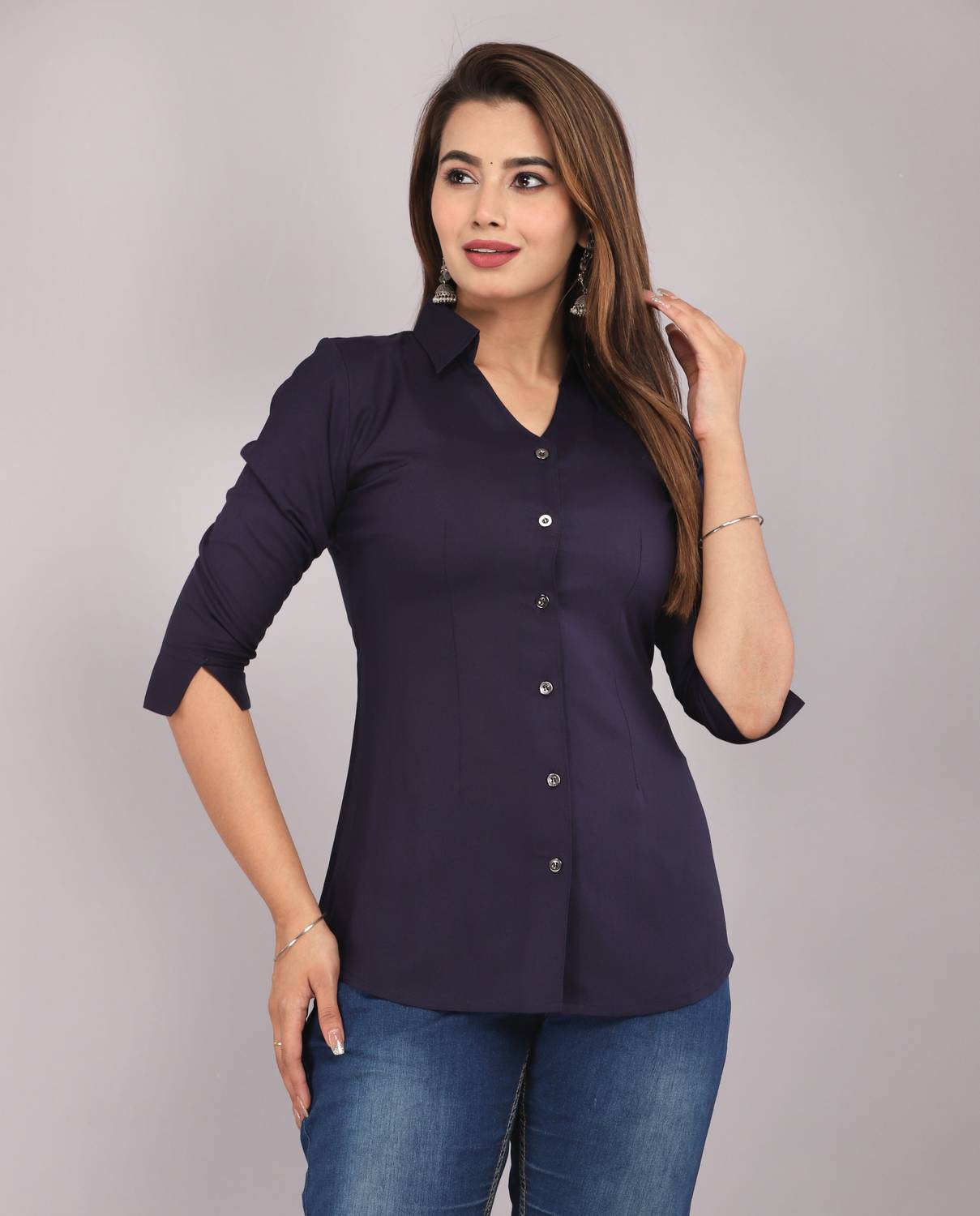 Myorica Women Solid Casual Dark Blue Shirt