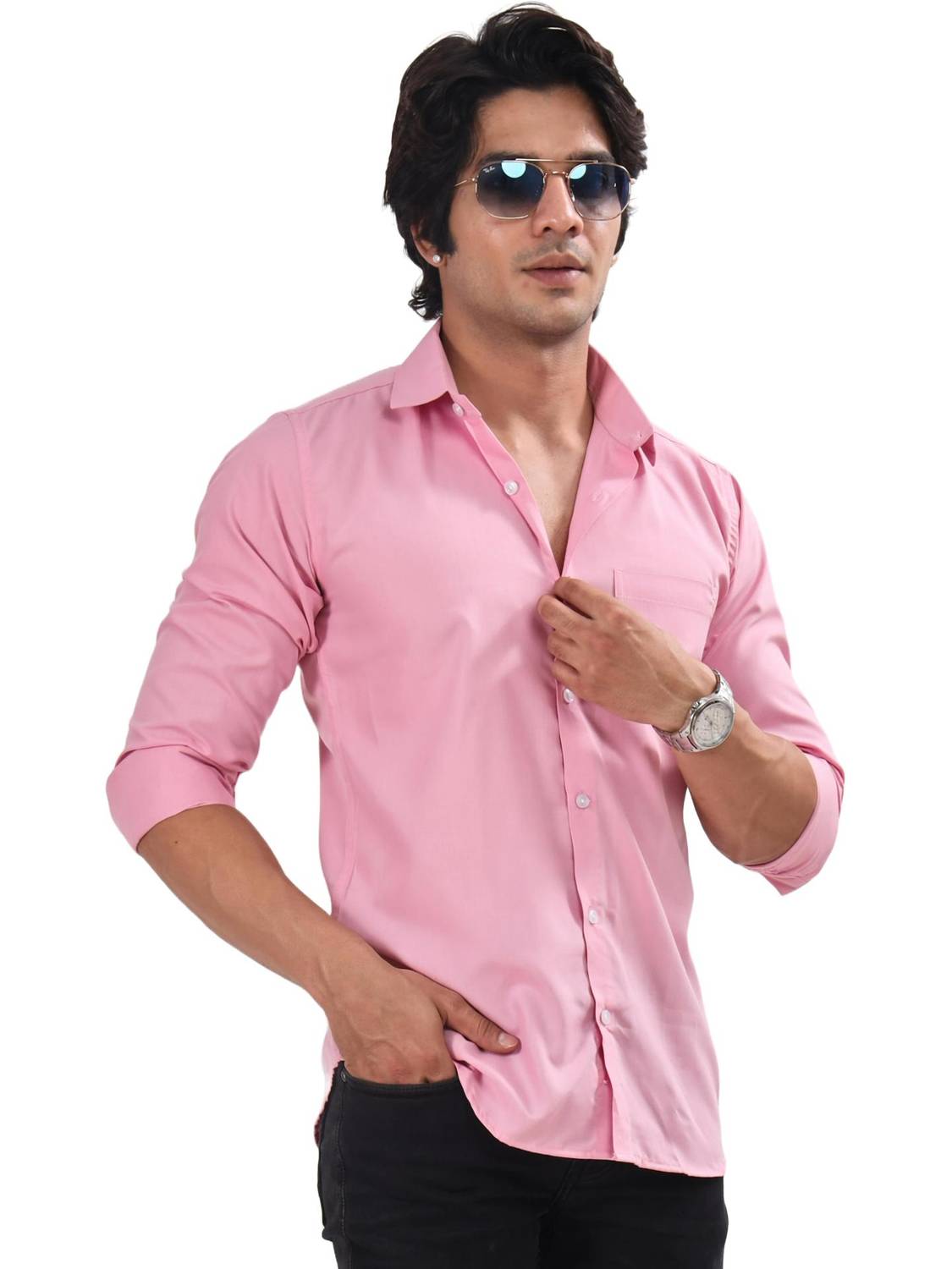 AKAIKA Men Solid Casual Pink Shirt