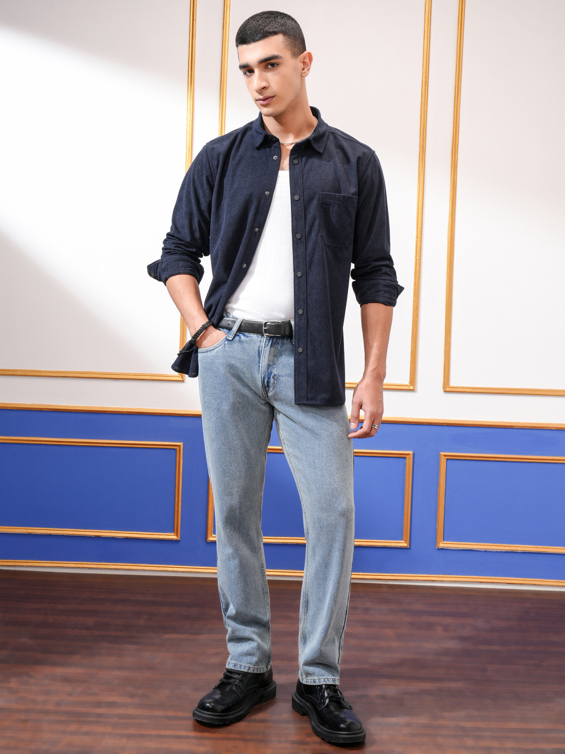 Image of HIGHLANDER Men Self Design Casual Blue Shirt