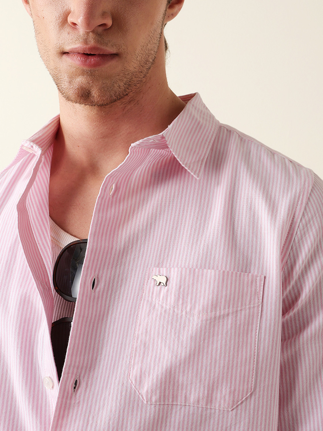 Image of THE BEAR HOUSE Men Striped Casual Pink Shirt