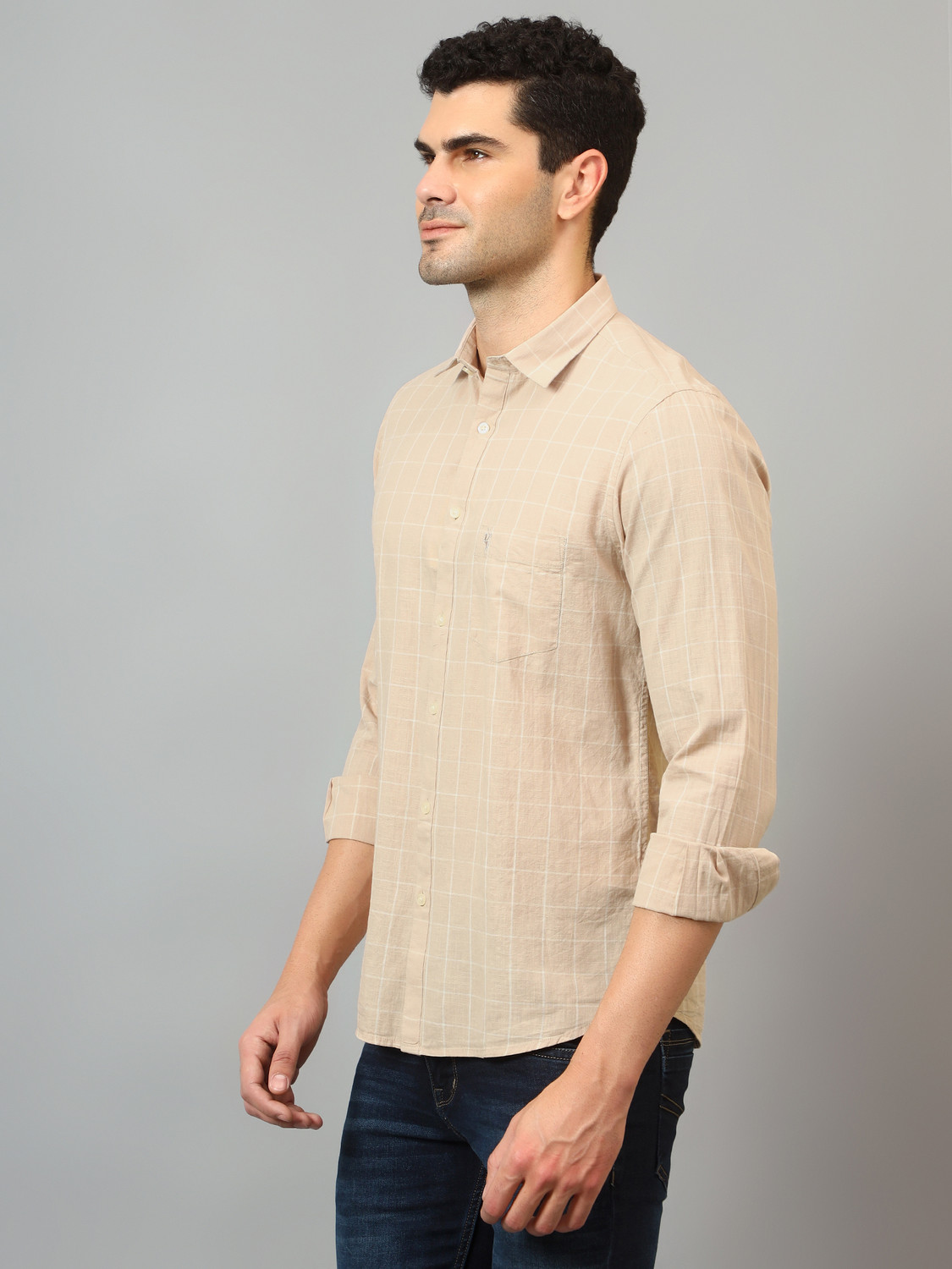 Image of CANTABIL Men Checkered Casual Beige Shirt