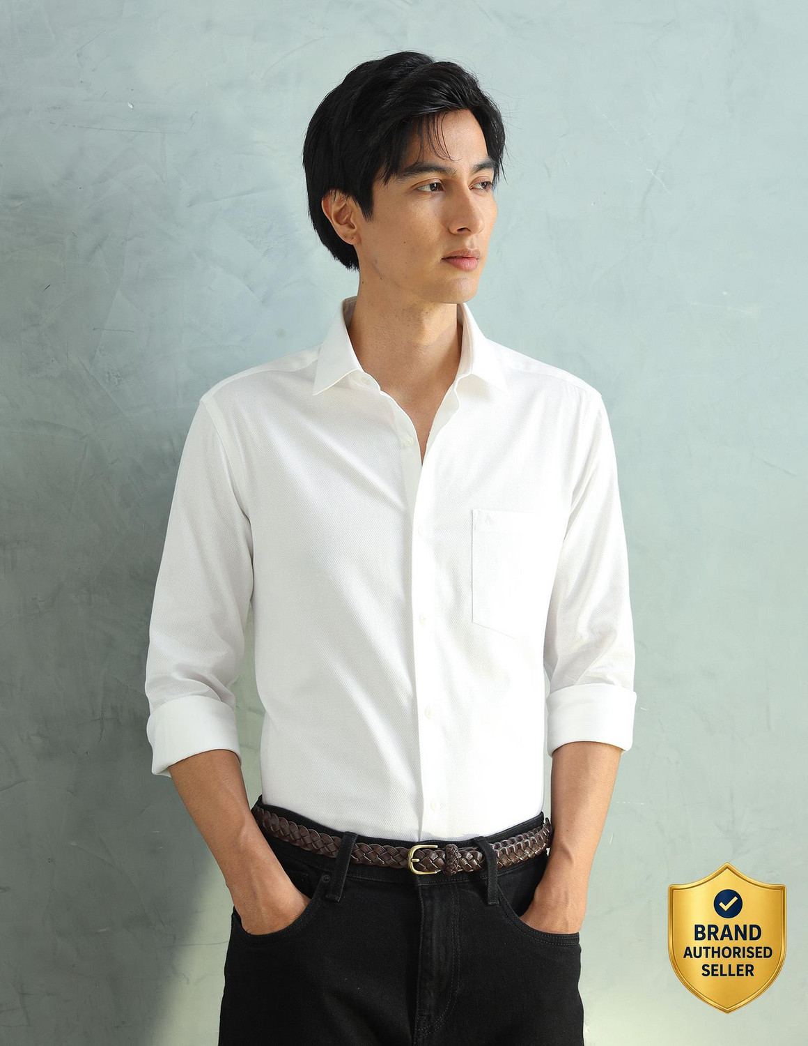 Image of ARROW Men Self Design Formal White Shirt