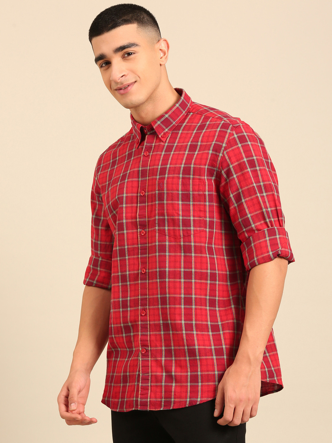 Image of CAVALLO BY LINEN CLUB Men Checkered Casual Red Shirt