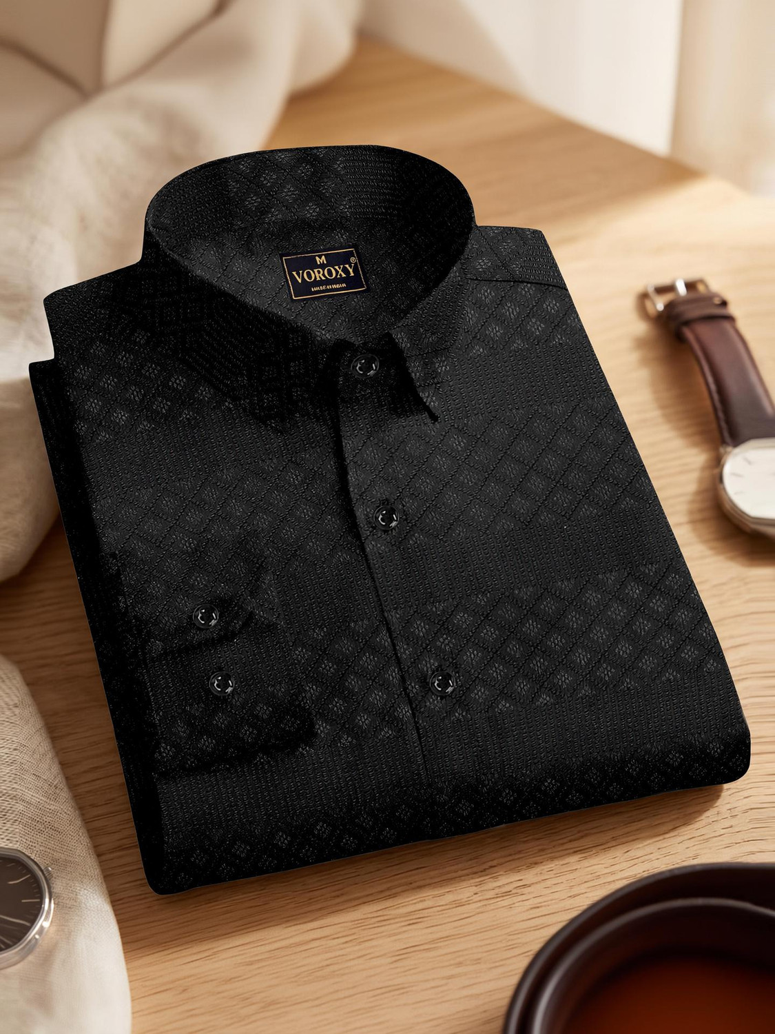 Image of Voroxy Men Self Design Casual Black Shirt