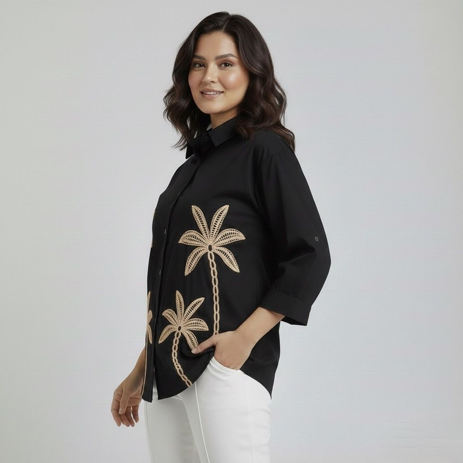 Image of weaRial Women Embroidered Casual Black Shirt