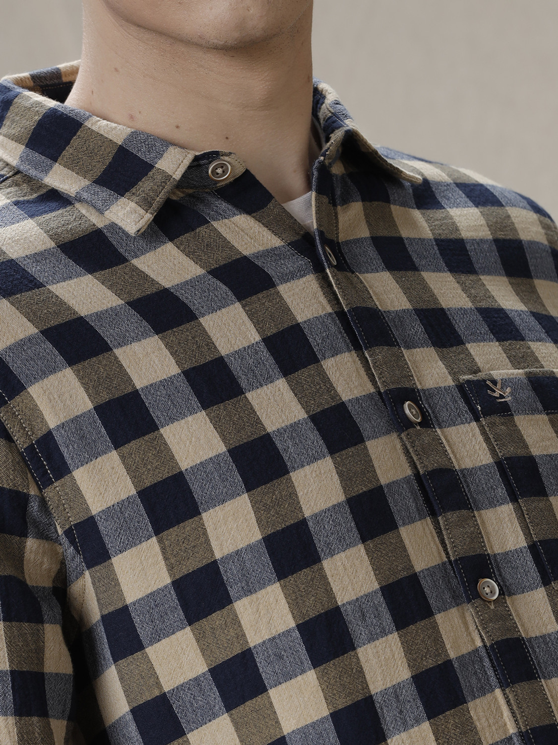 Image of WROGN Men Checkered Casual Beige, Dark Blue Shirt