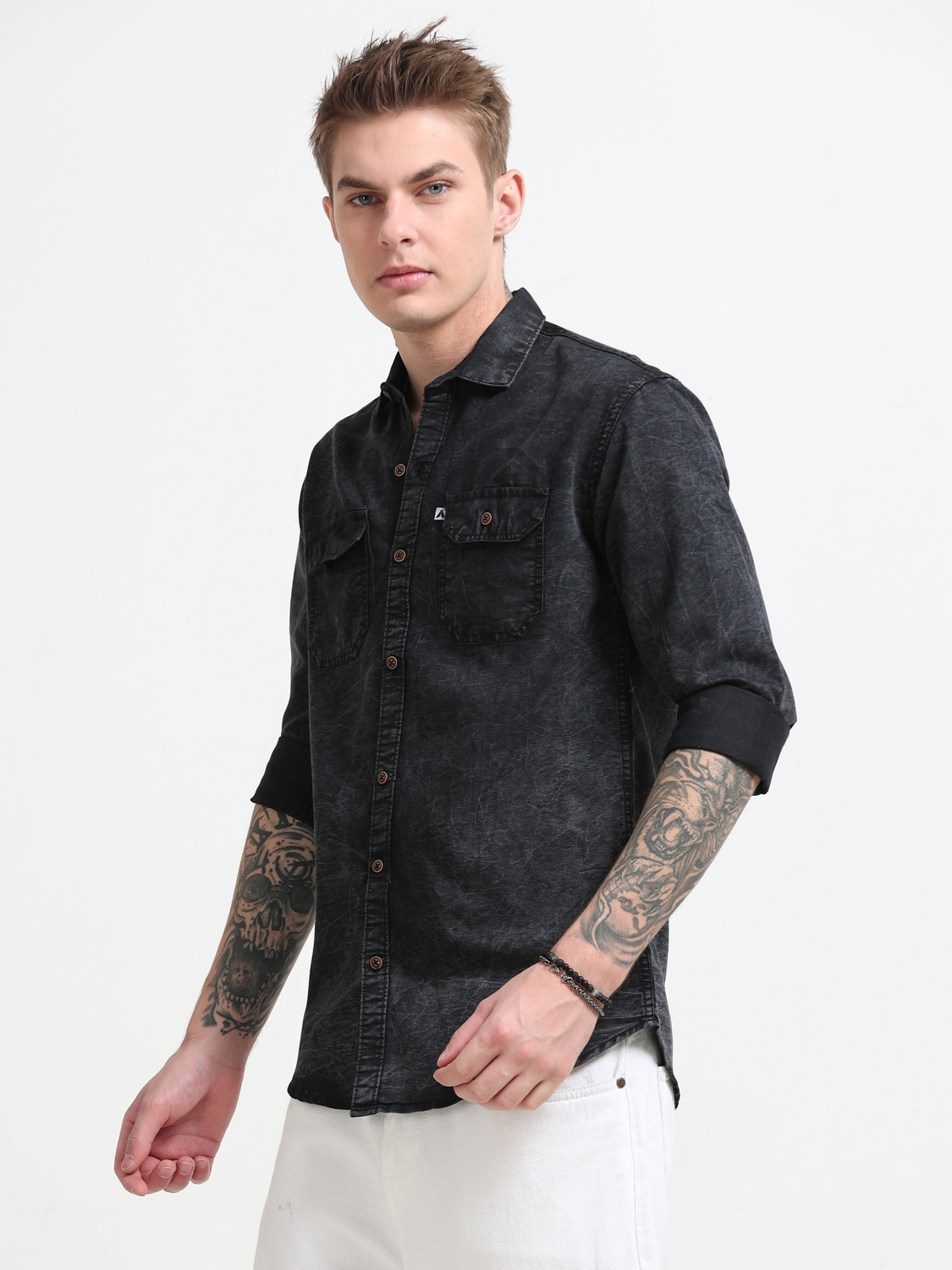 Image of AIDAN PAUL Men Washed Casual Black Shirt