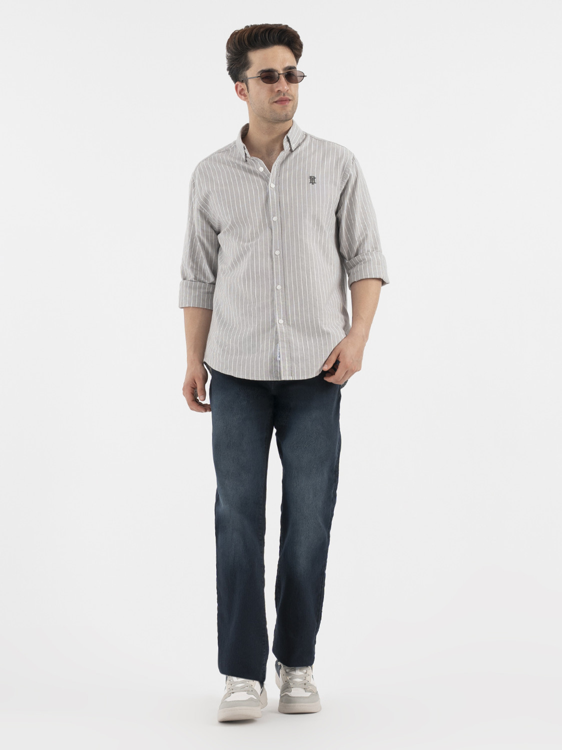 Image of RED TAPE Men Striped Casual Grey Shirt