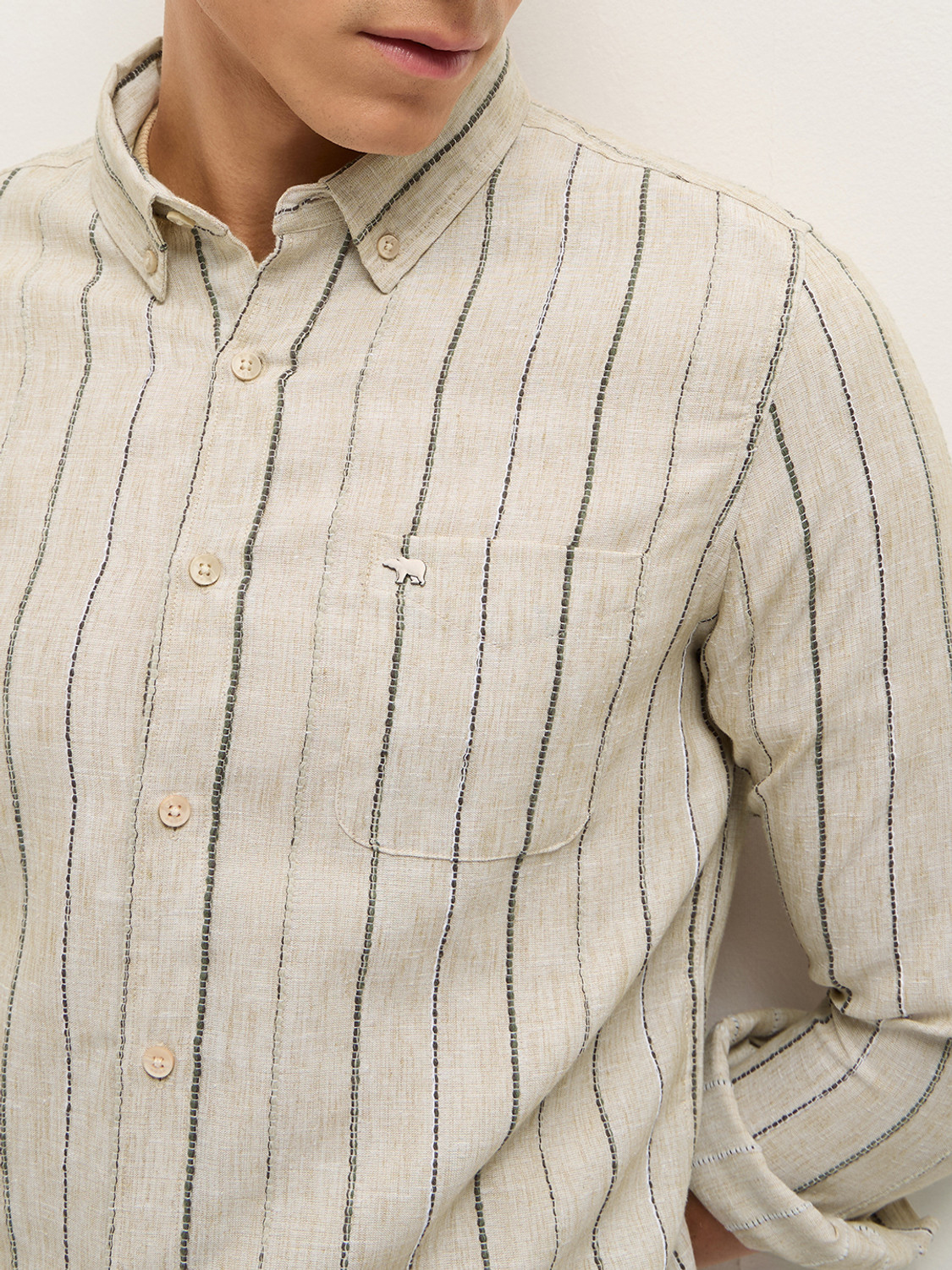 Image of THE BEAR HOUSE Men Striped Casual Beige Shirt