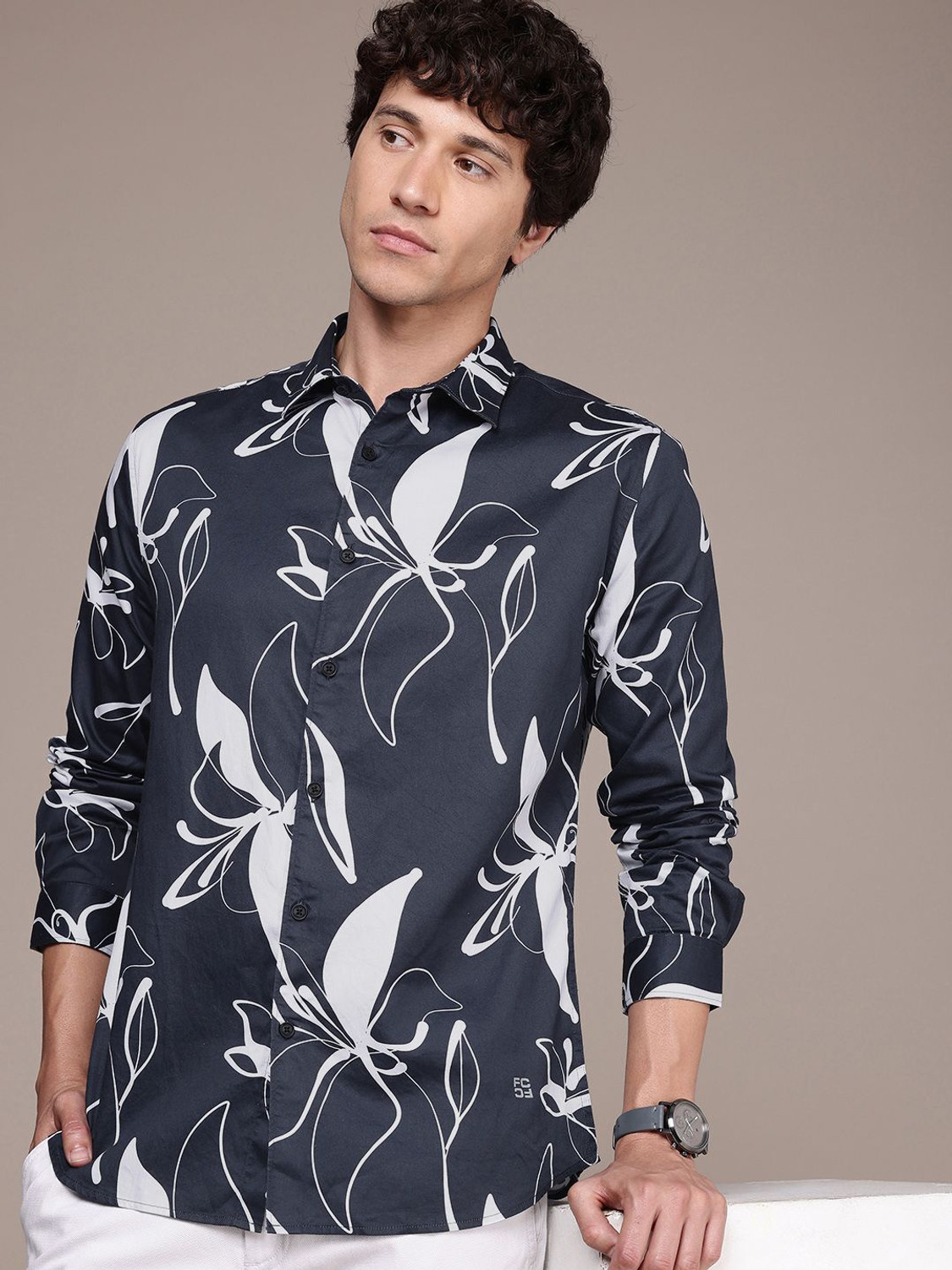 Image of French Connection Men Printed Casual Blue Shirt