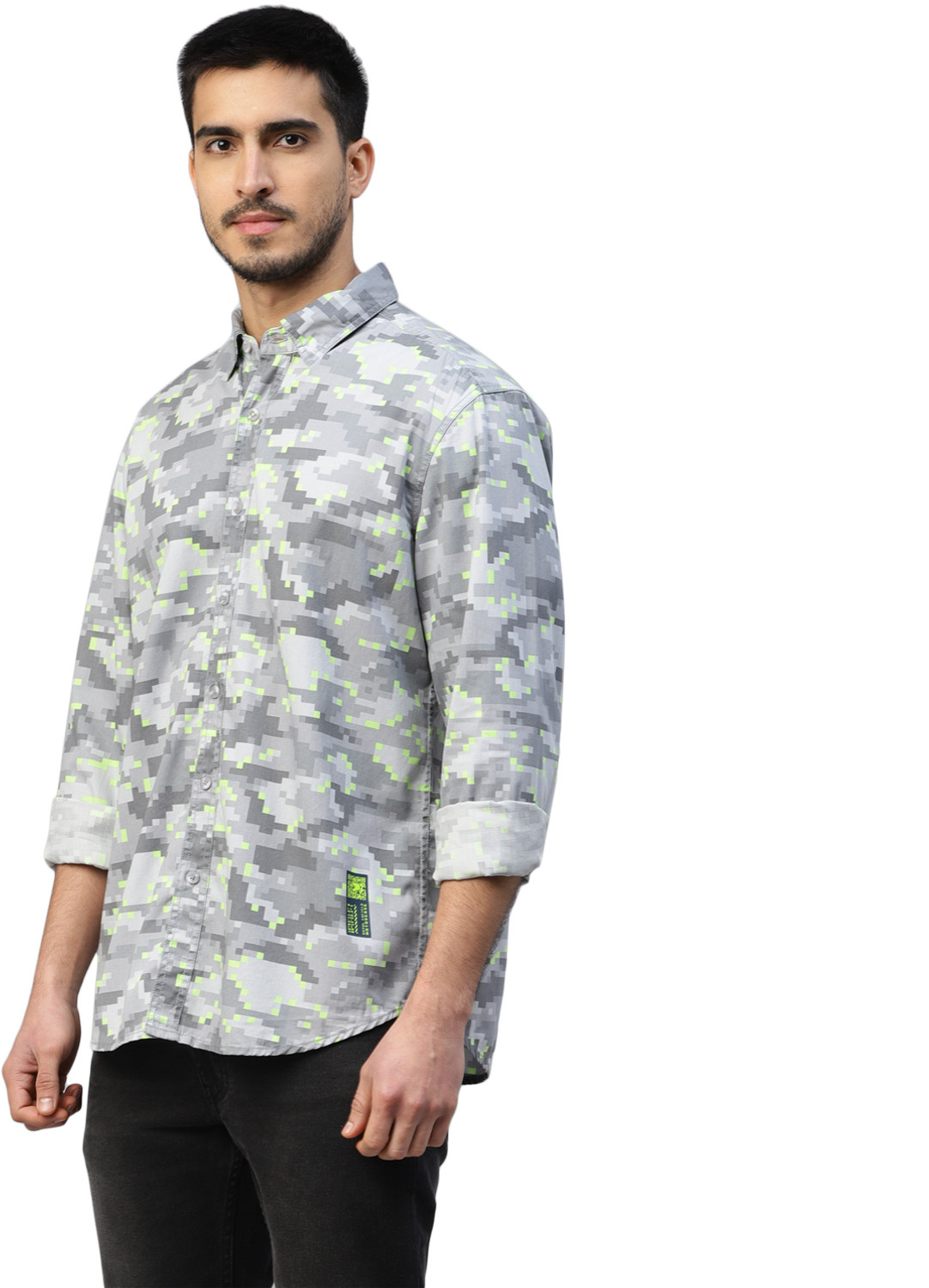 Image of Royal Enfield Men Printed Casual Grey, Light Green Shirt