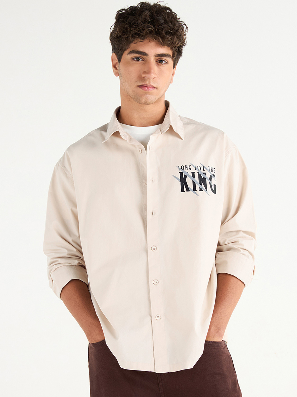 Image of BEWAKOOF Men Graphic Print Casual Beige Shirt