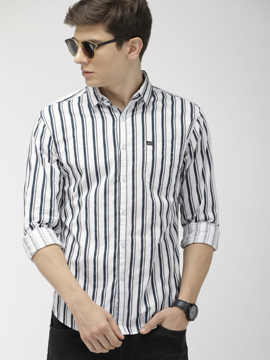 Image of The Indian Garage Co. Men Striped Casual White Shirt