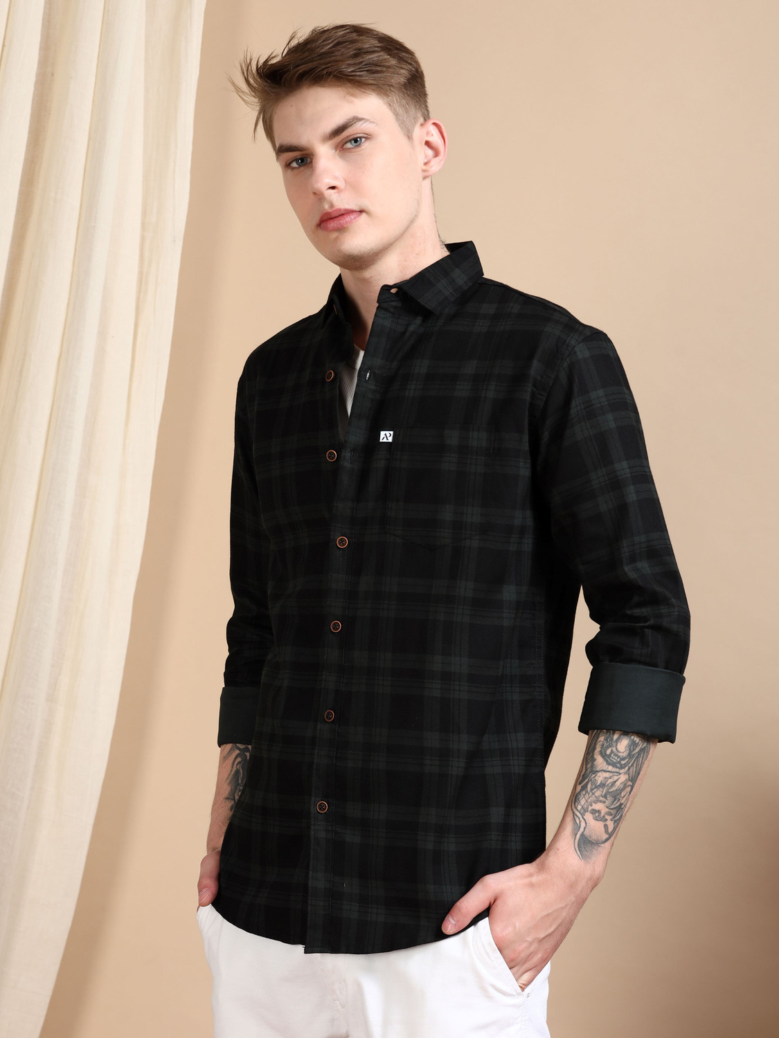 Image of ALLWIN PAUL Men Checkered Casual Black Shirt