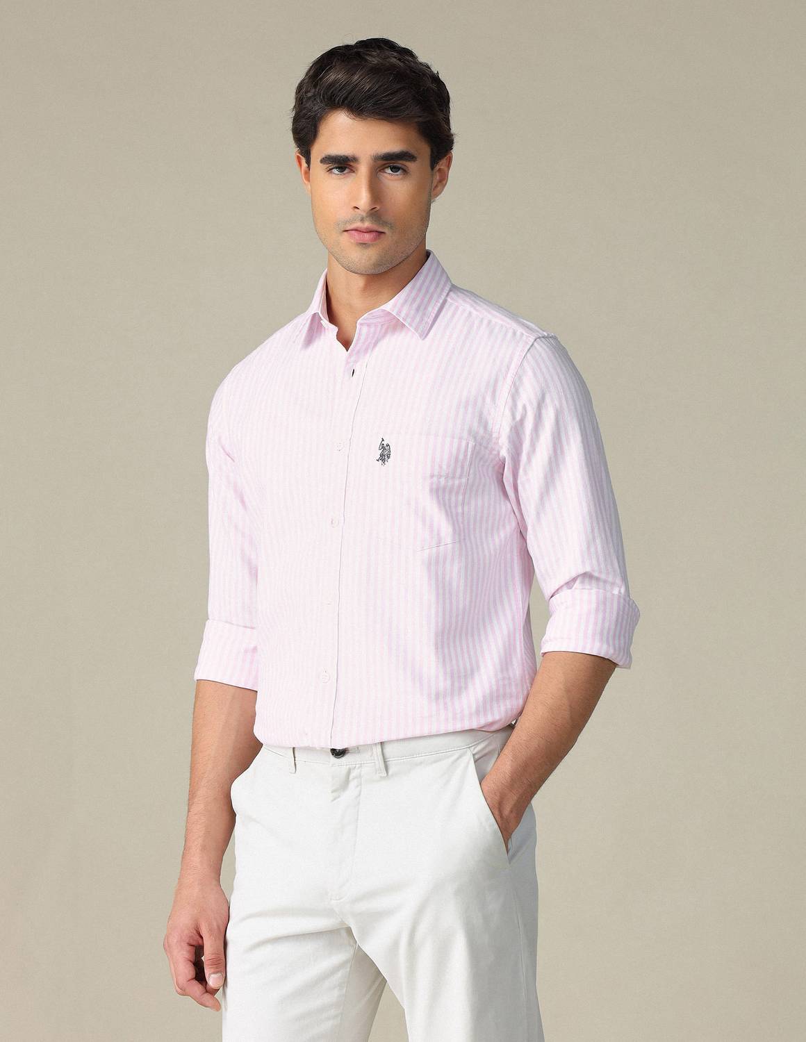 U.S. POLO ASSN. Men Striped Pink White Casual Shirt - Image 4